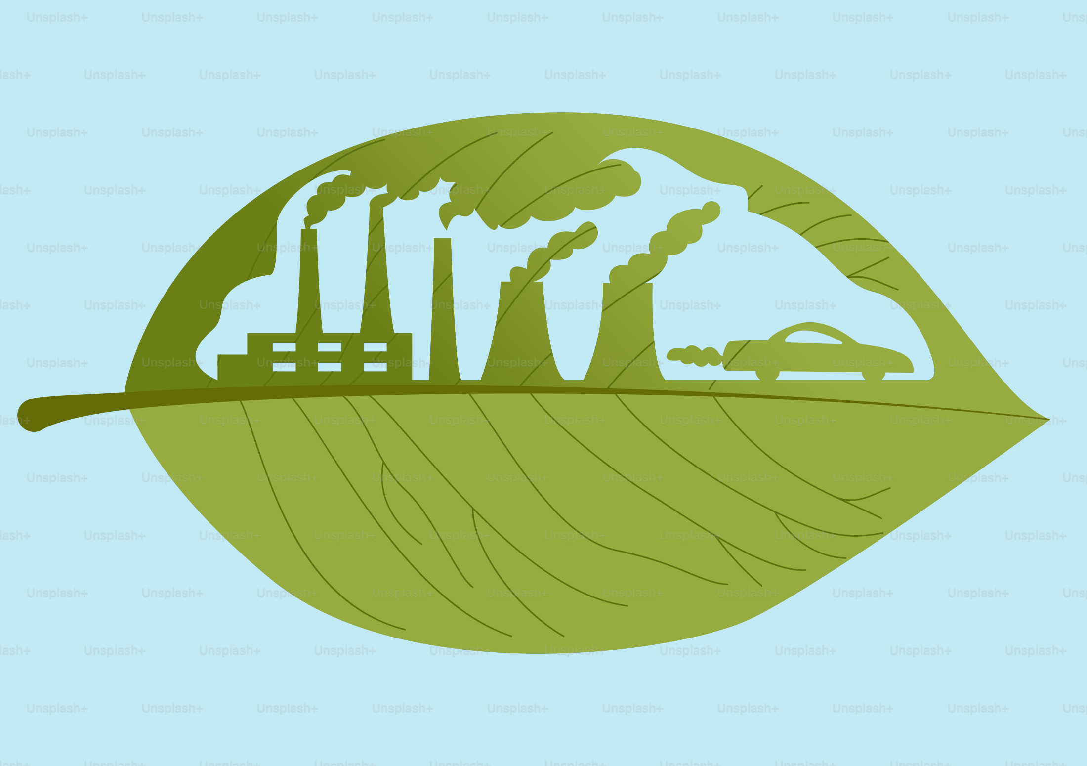 Industrial pollution silhouette within a green leaf