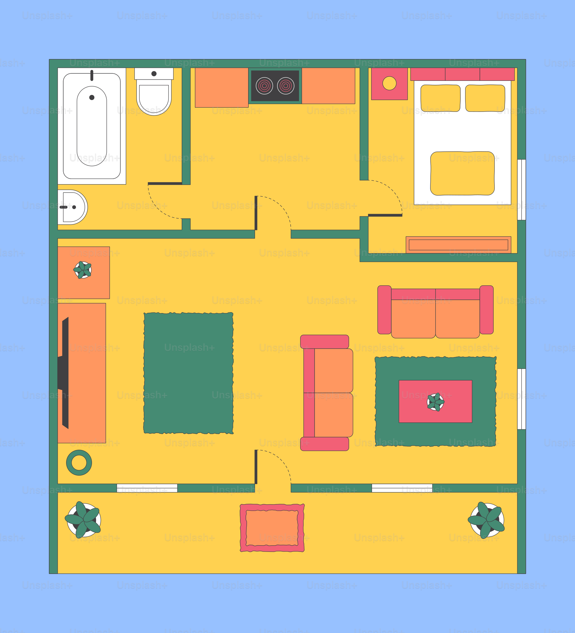 Un colorido plano de un apartamento de una habitación.