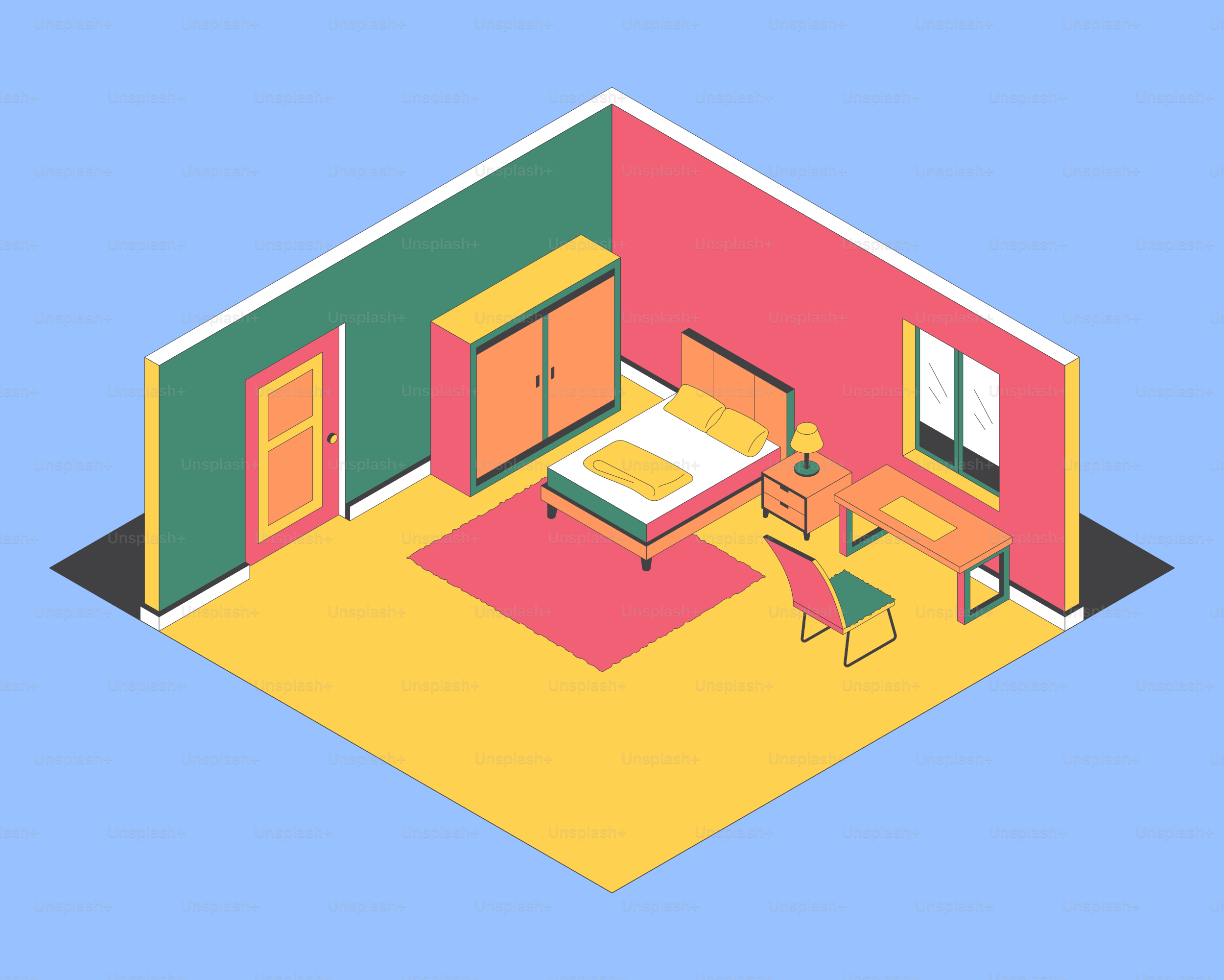 Vista isométrica de un dormitorio con cama y escritorio.