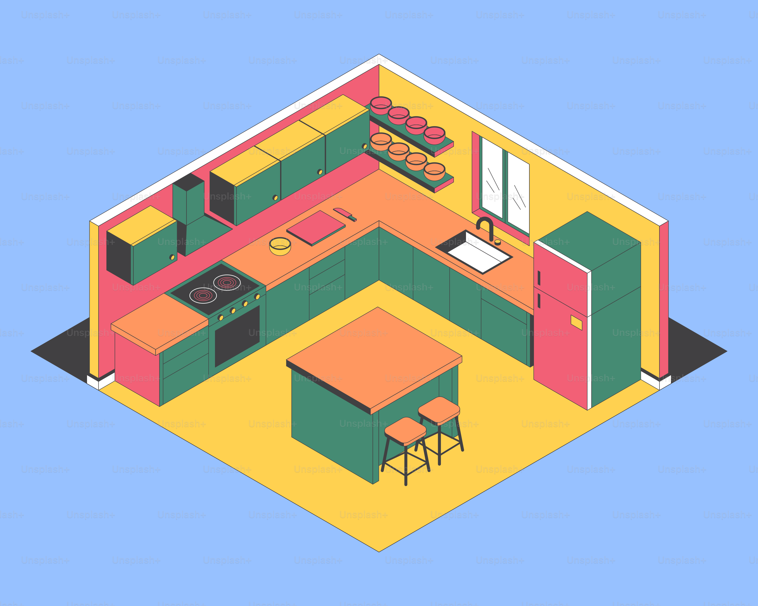 Vista isométrica de un diseño interior moderno de cocina