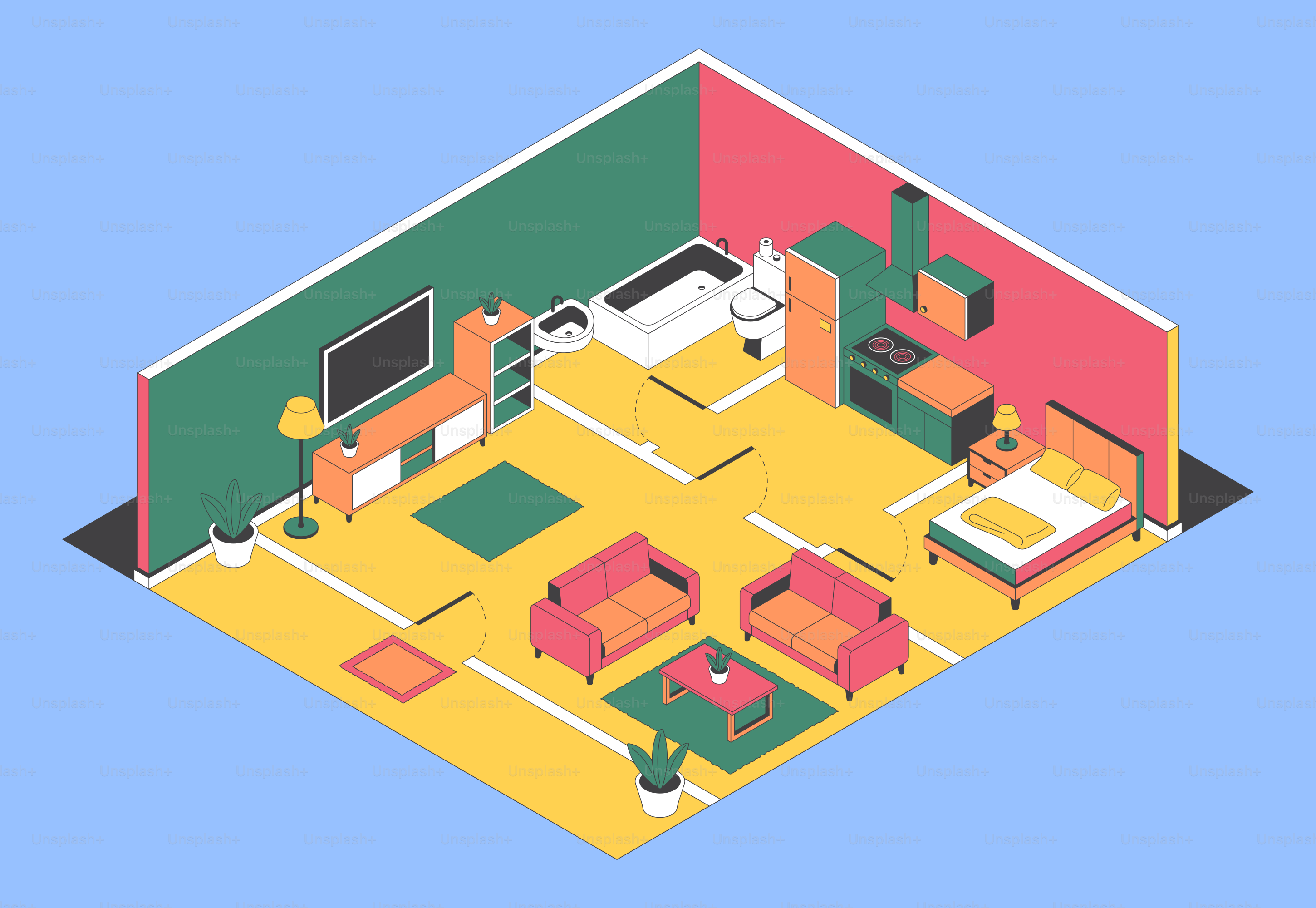 Vista isométrica de una distribución moderna de apartamentos.