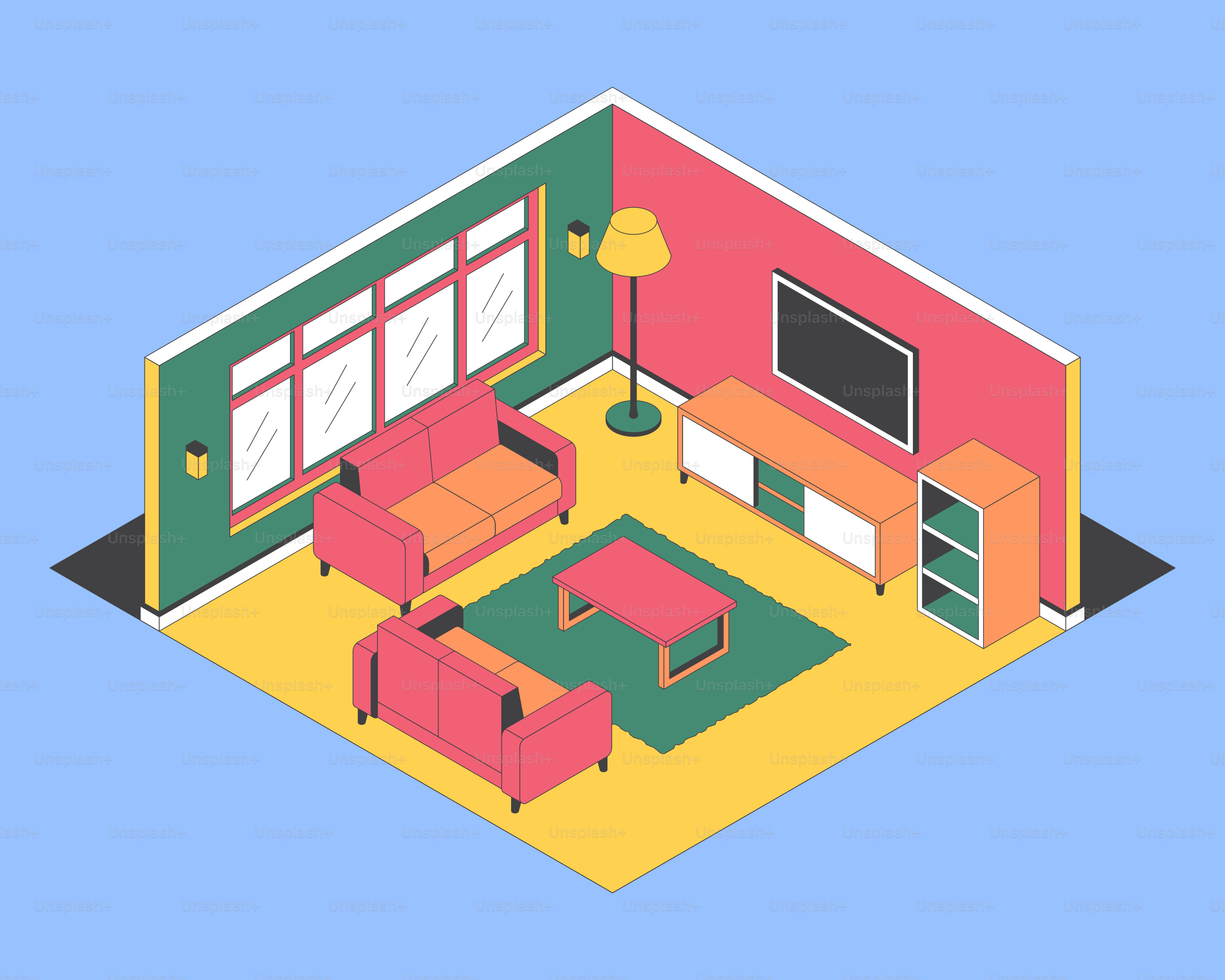 Salón isométrico con muebles y decoración coloridos.