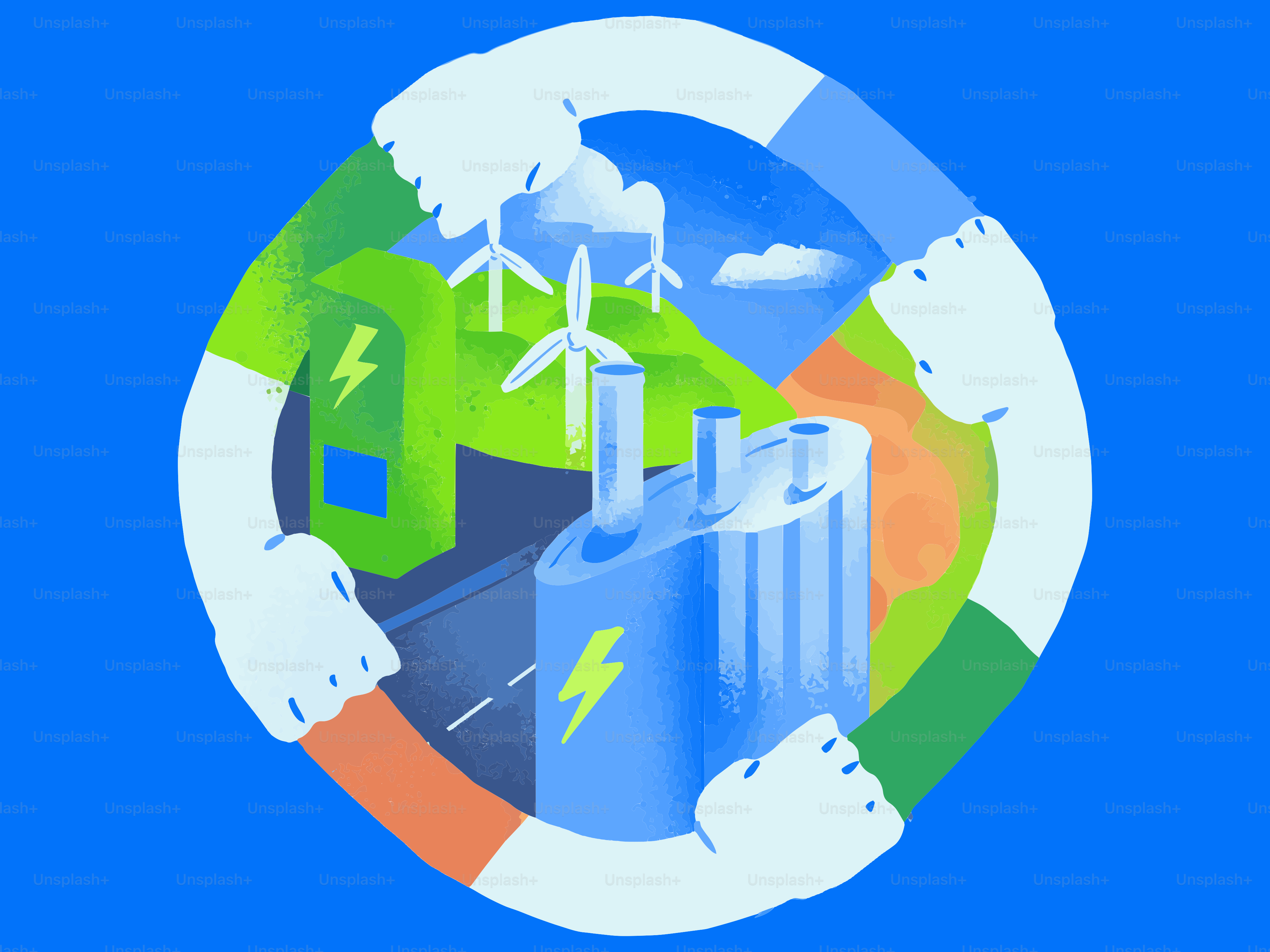 Manos formando un círculo alrededor de fuentes de energía renovable.