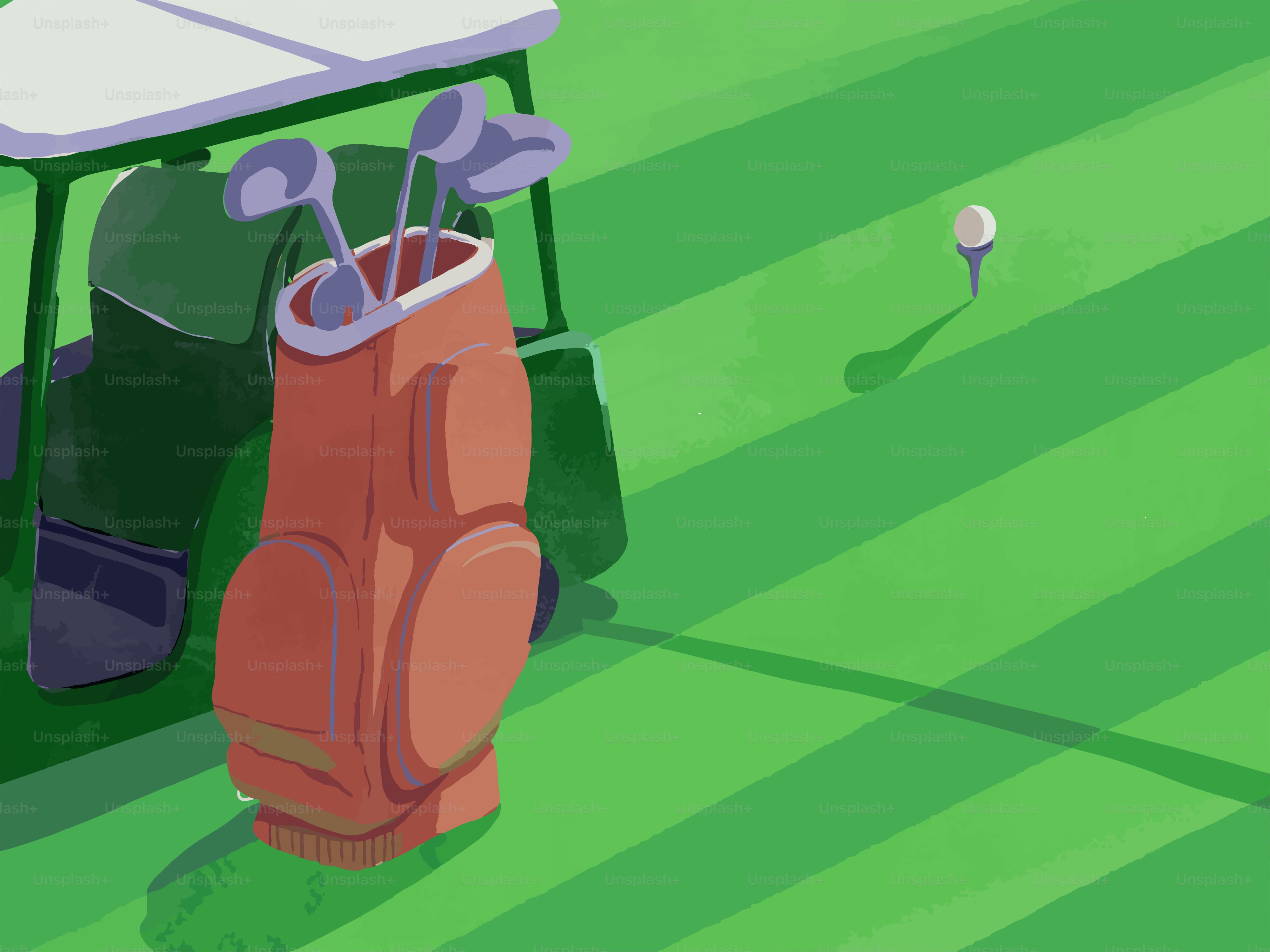 グリーンコース上のゴルフカートにバッグとクラブを積んでいます