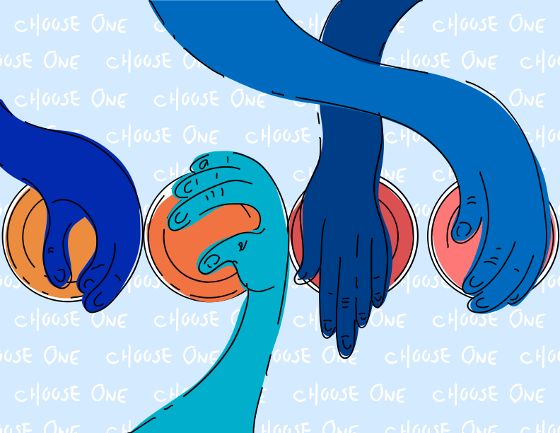 Quatre mains cherchant des boutons colorés avec du texte.