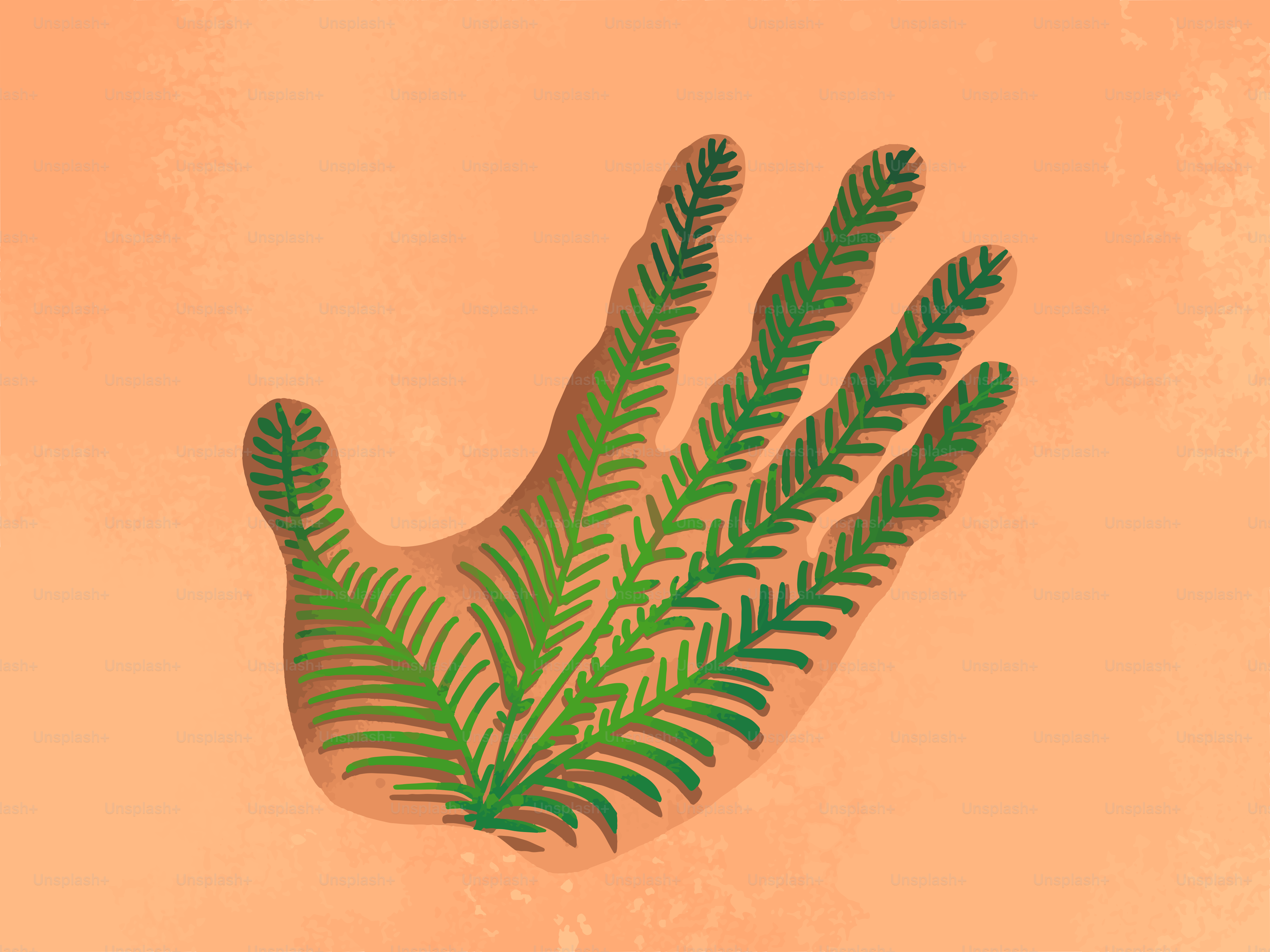 A hand with fern leaves growing on it