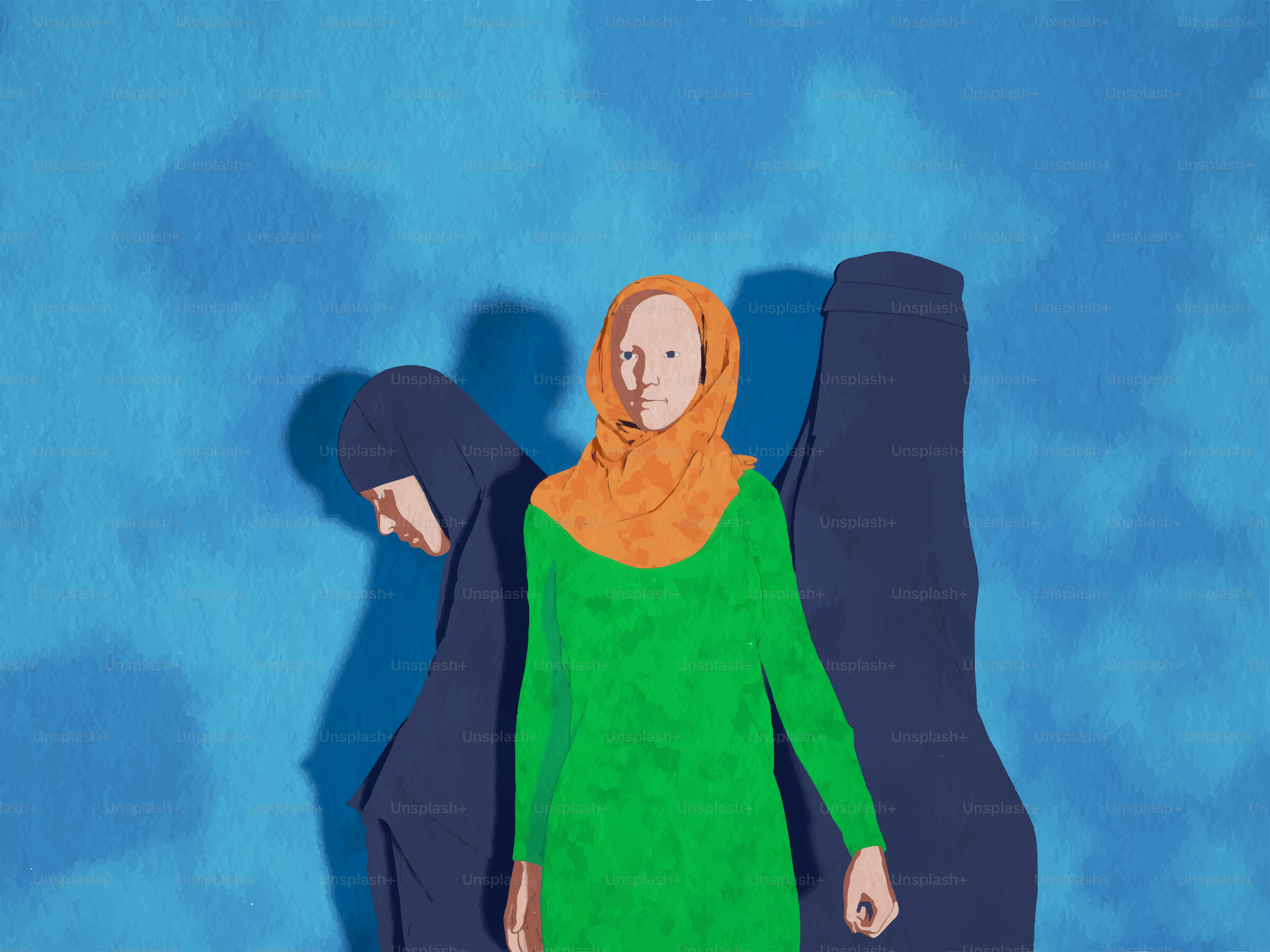 Three women in traditional islamic attire stand together.