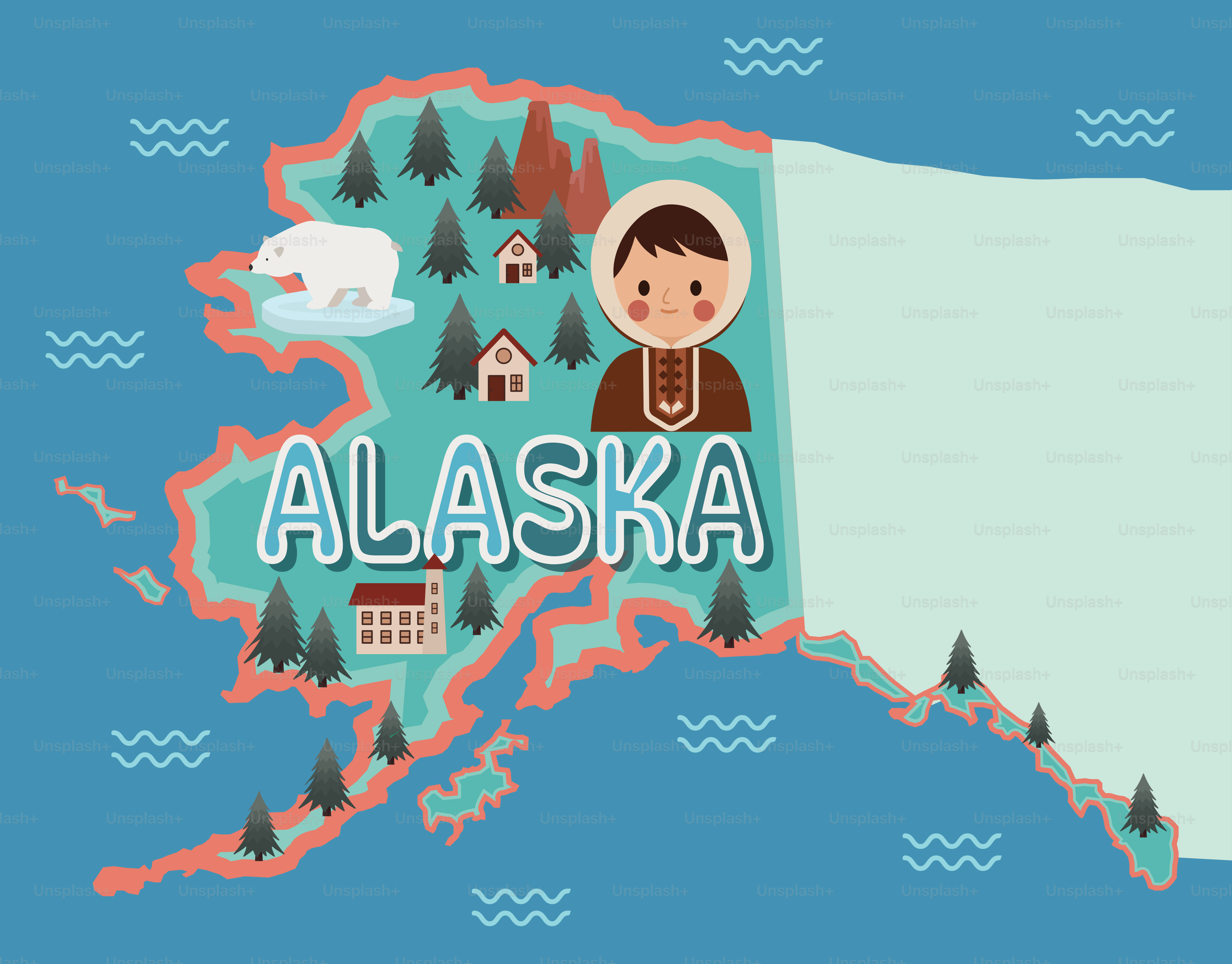 Carte de l’Alaska avec des icônes de la nature et de la culture