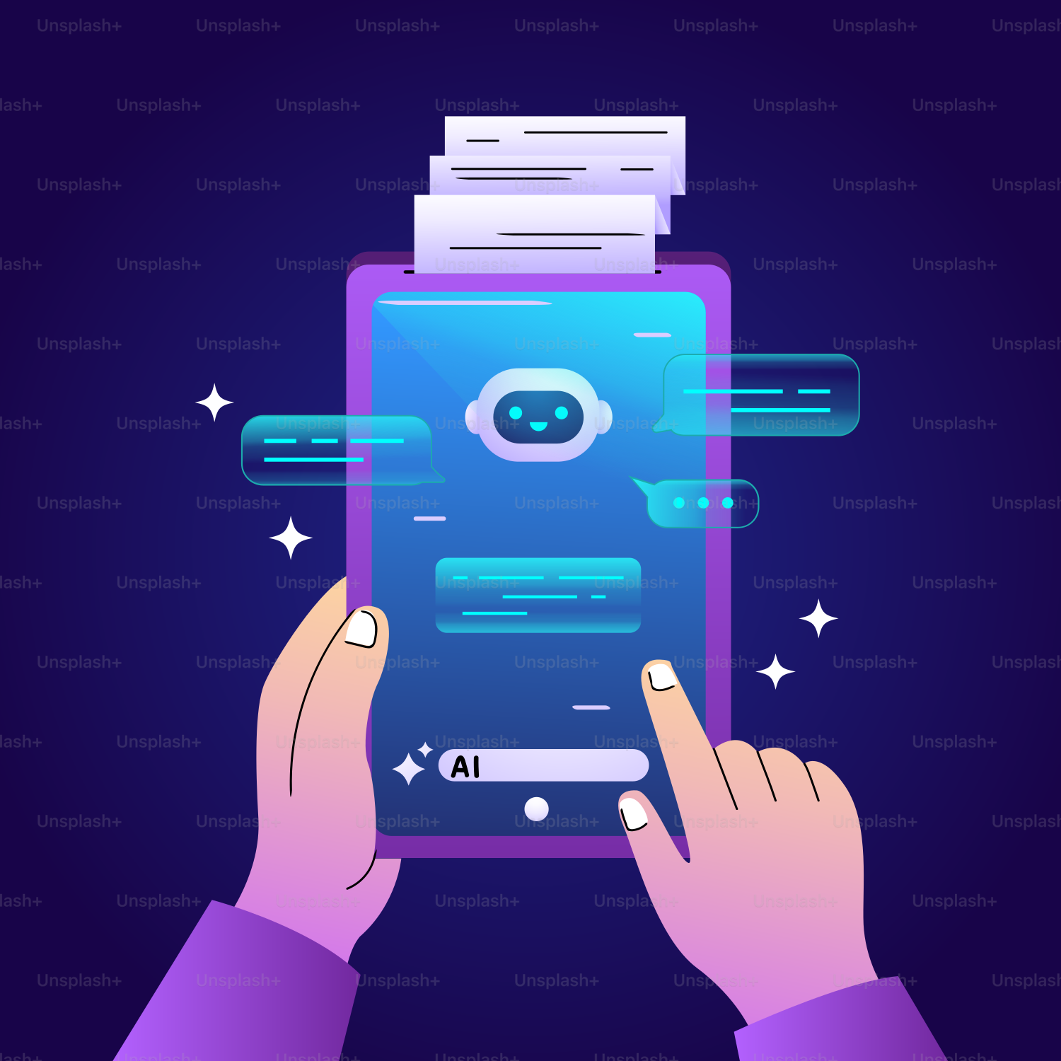 Hands holding a tablet with ai chatbot interface