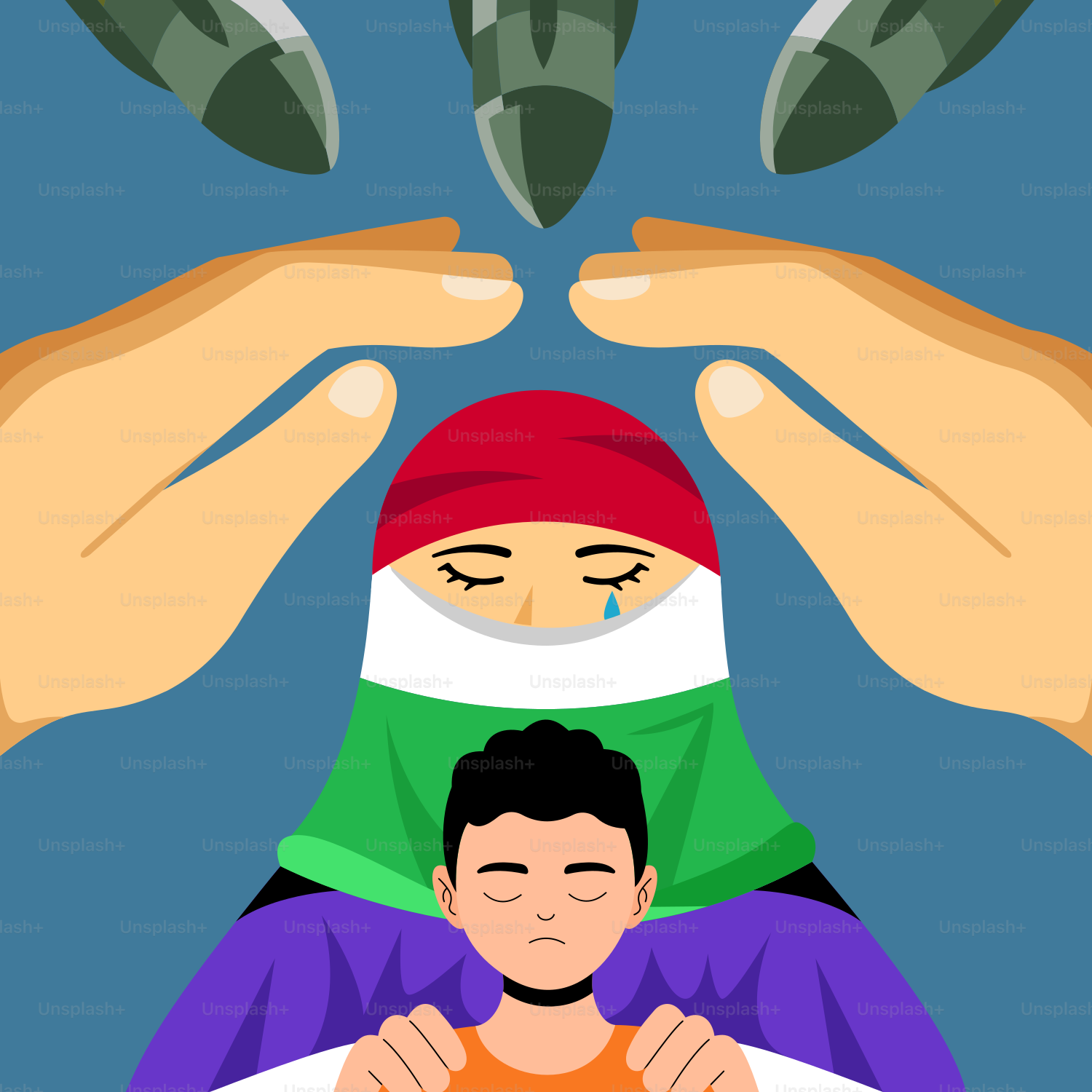 Un bambino protetto da una donna sotto bombe che cadevano