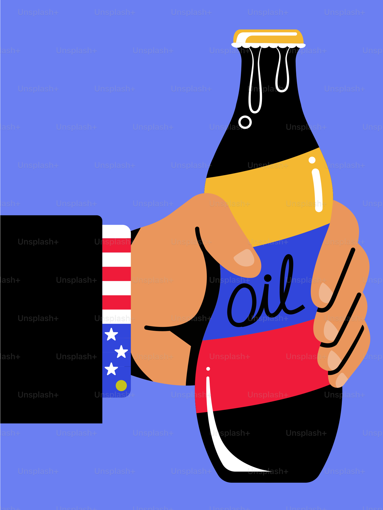 Tenere la mano l'olio etichettato con bottiglia e la guaina della bandiera americana