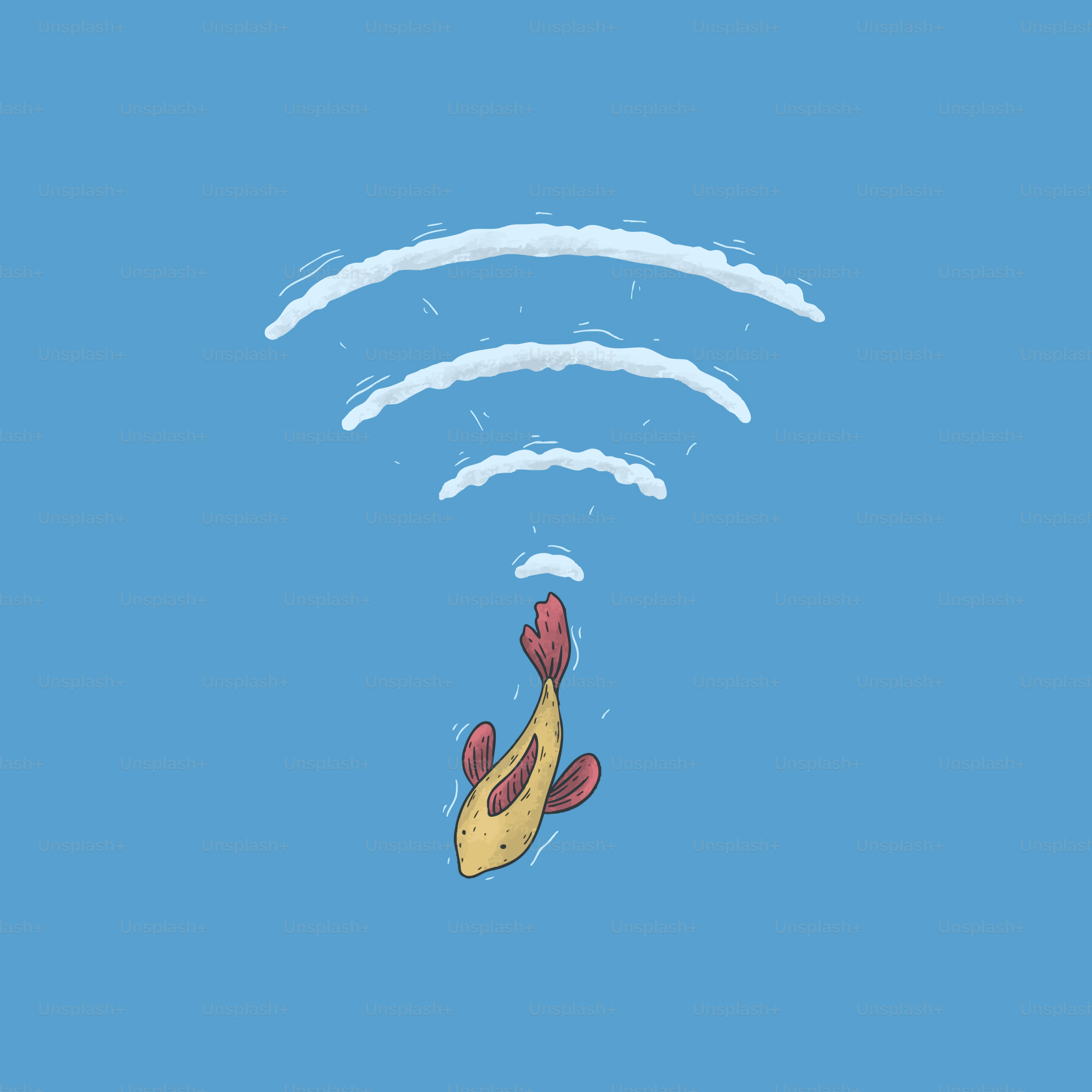 Ein Koi-Fisch, der mit WLAN-Signalwellen schwimmt