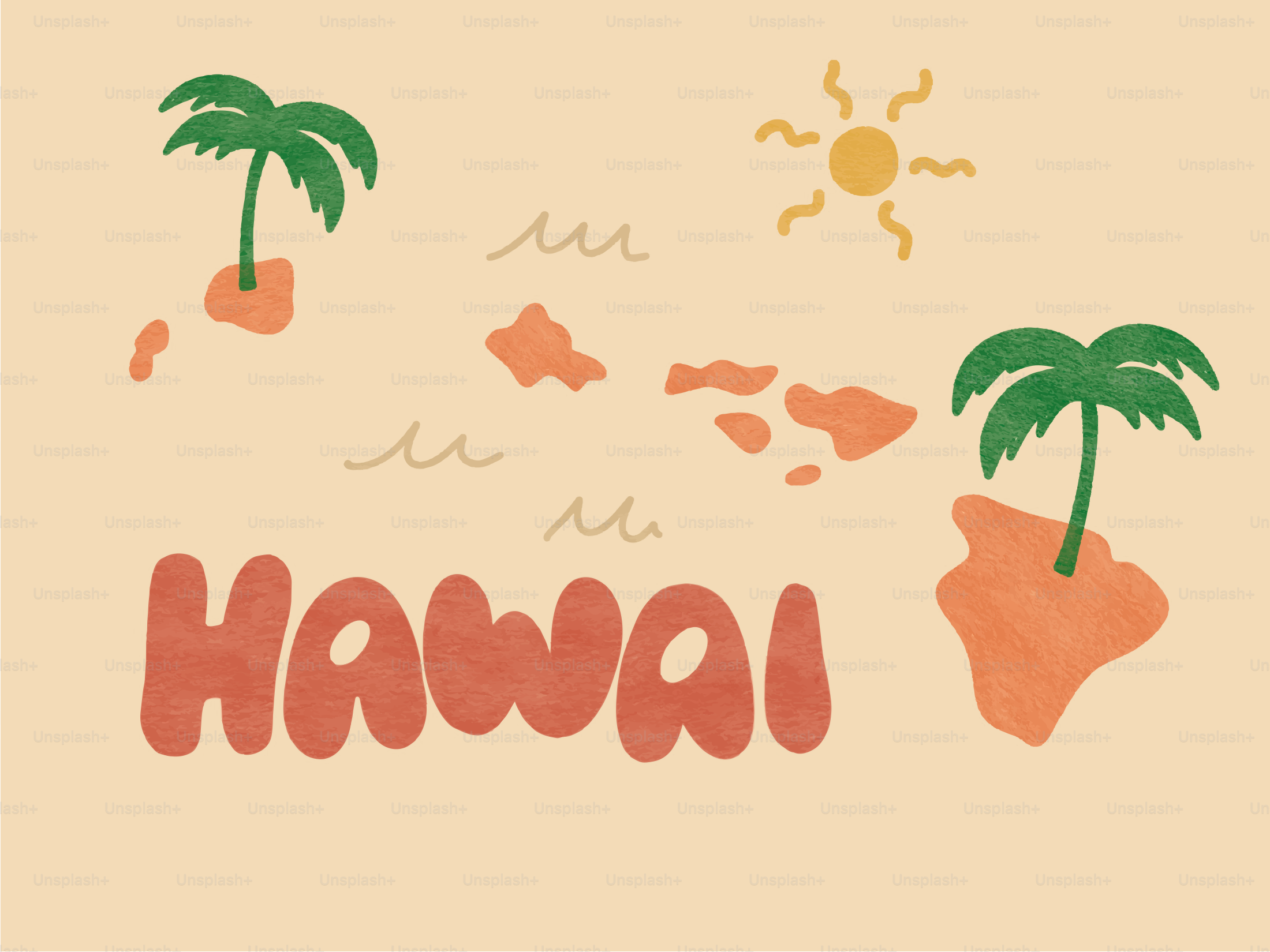 Mappa delle Hawaii con palme e sole