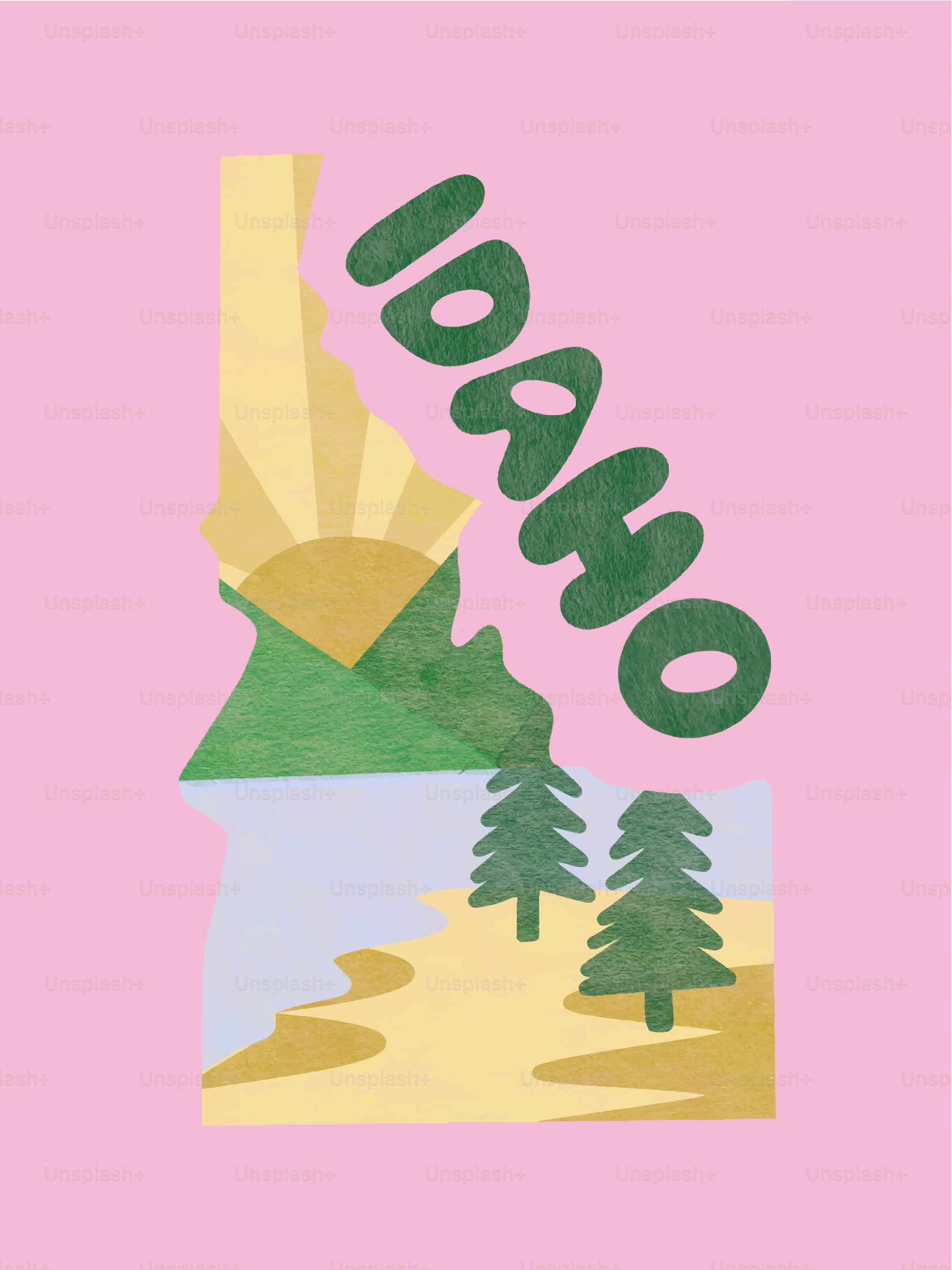 Contorno dello stato dell'Idaho con montagne, fiumi e alberi