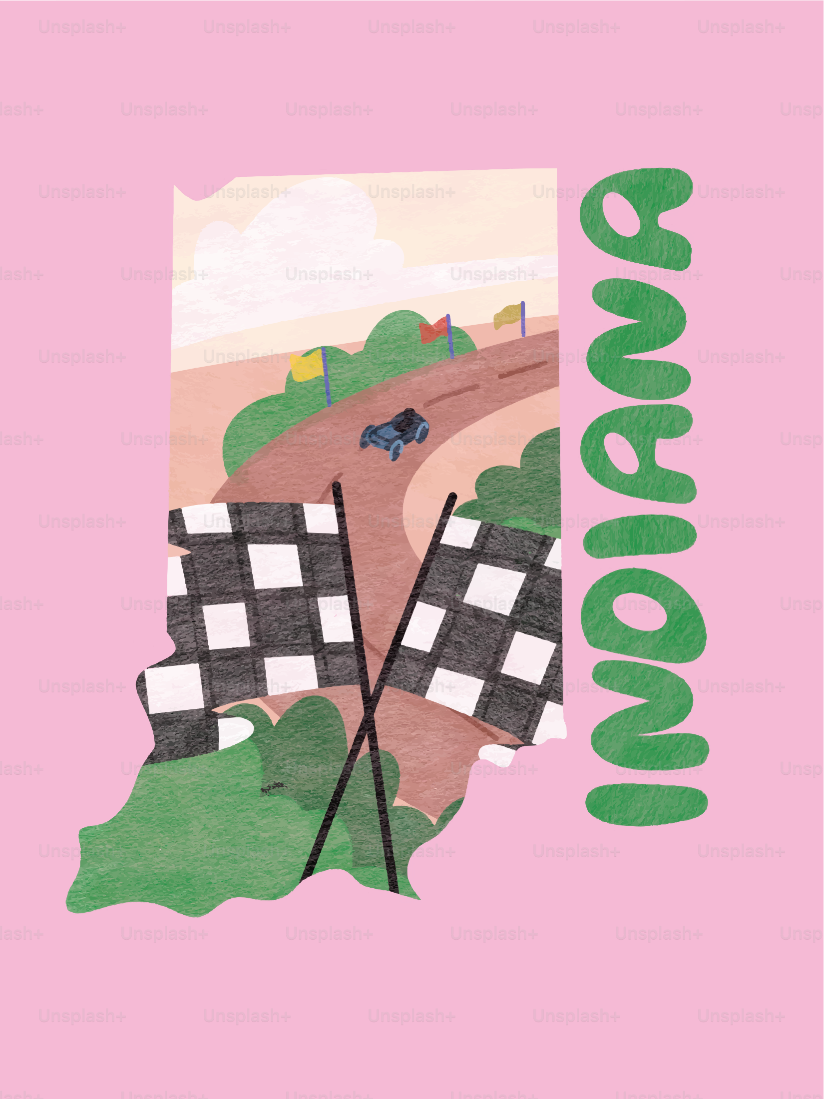 Mappa dell'Indiana con auto da corsa e bandiere a scacchi