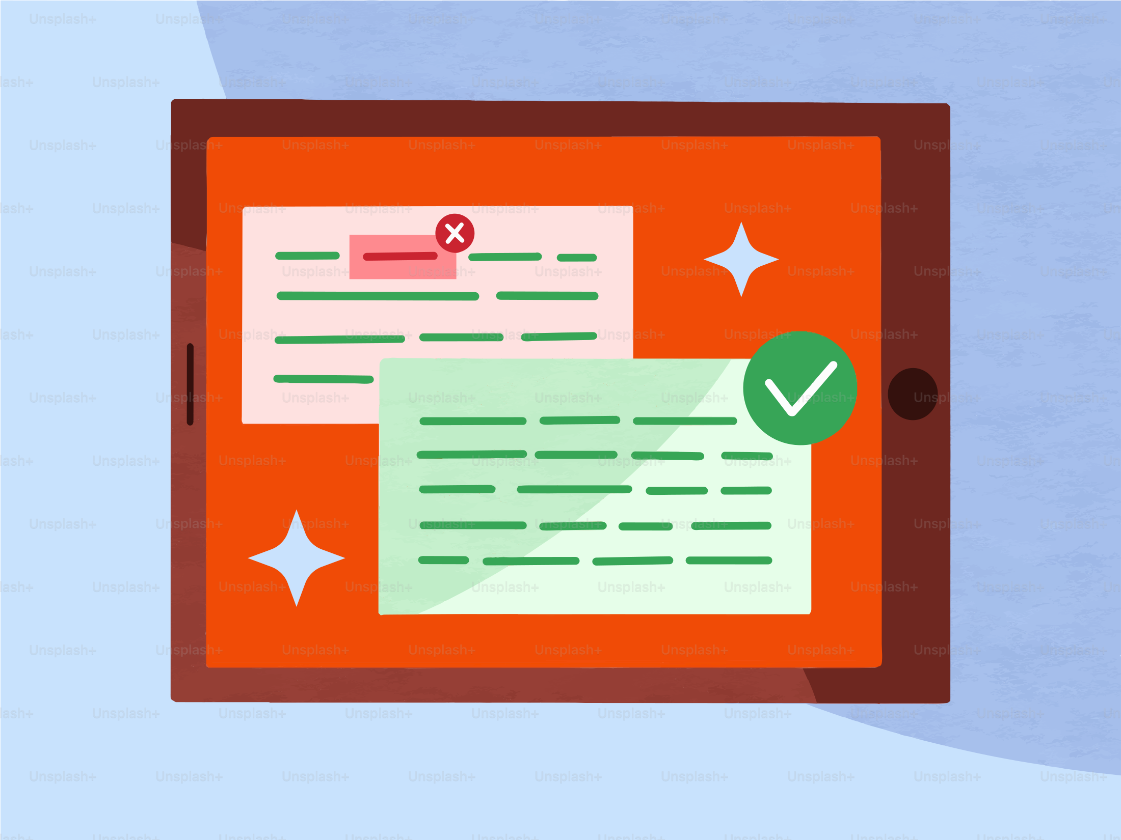 Tablet che mostra testo con segno di spunta e croce