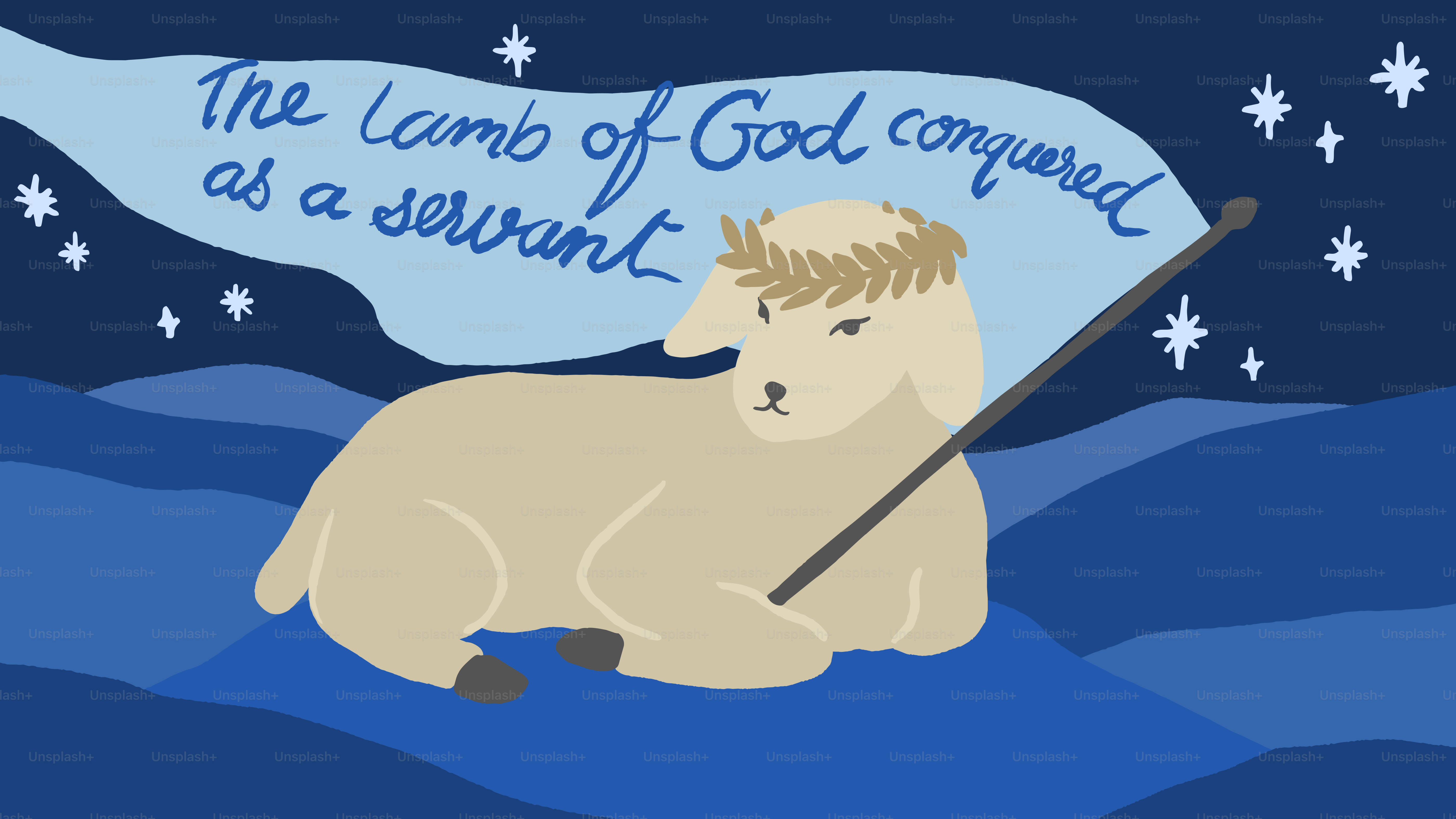 A lamb wearing a laurel wreath holds a flag.