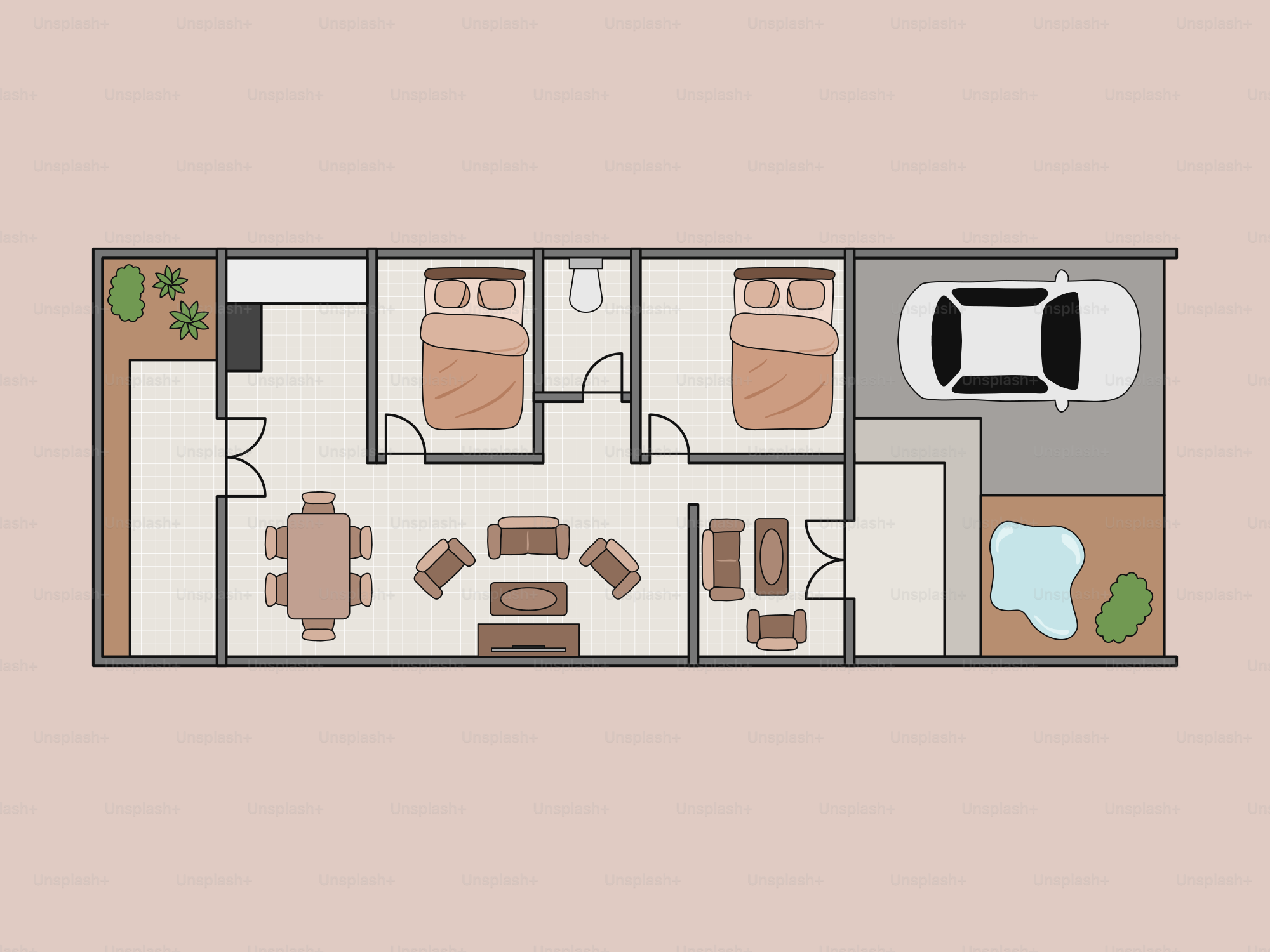 Plano de una casa de dos dormitorios con garaje.