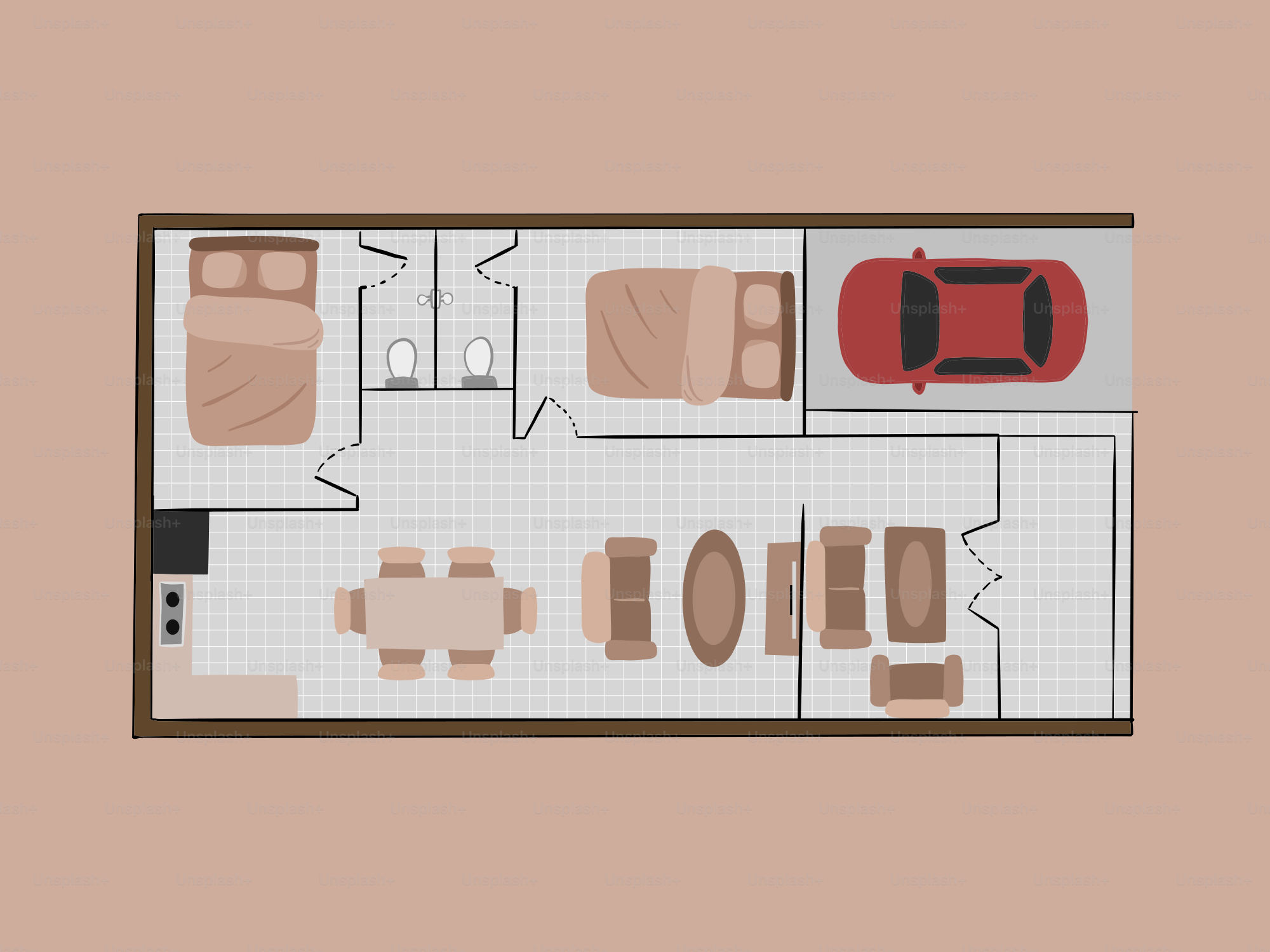 Draufsicht auf einen Grundriss mit Möbeln.