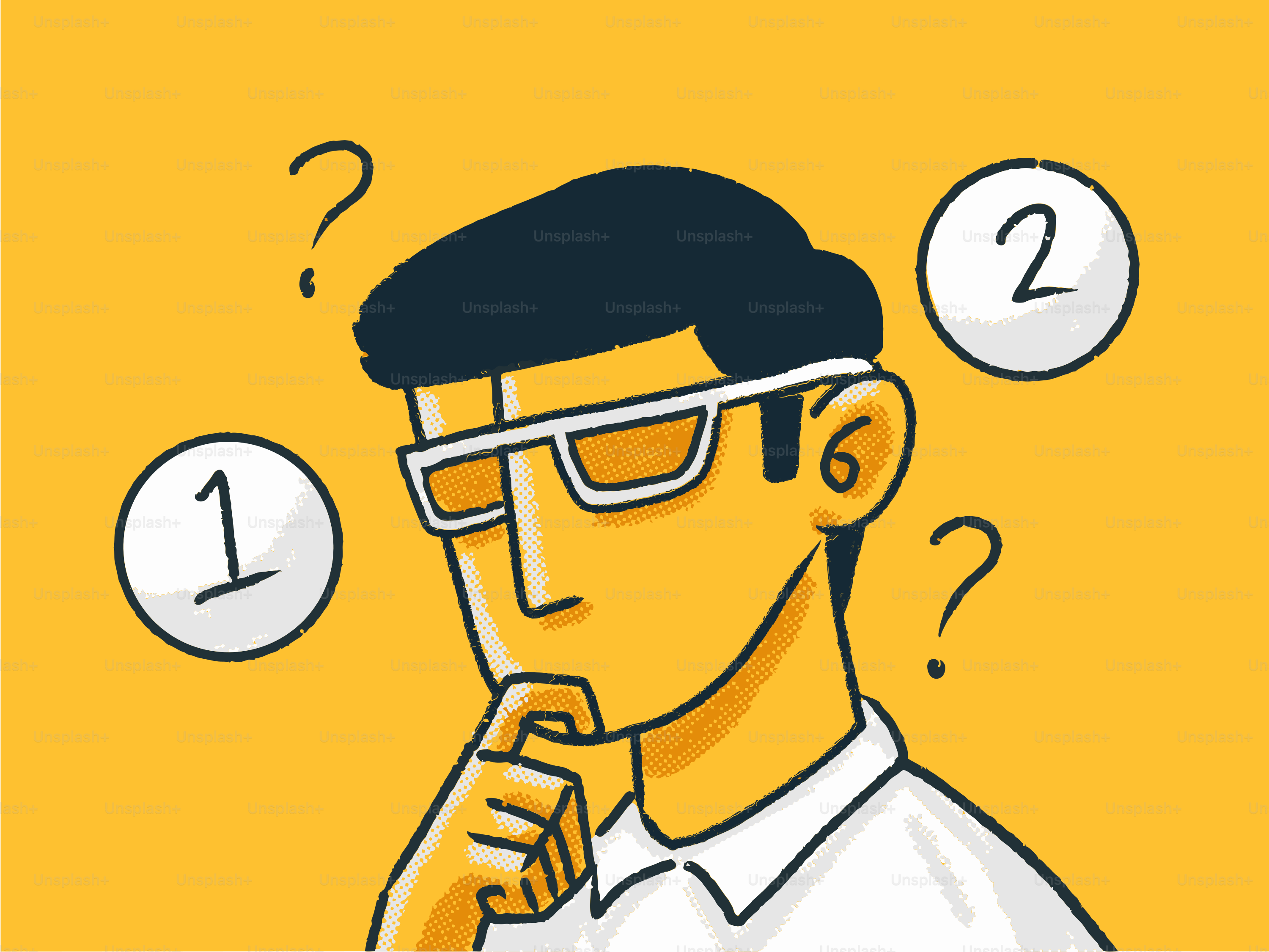 Man wearing glasses thinking with question marks and numbers.