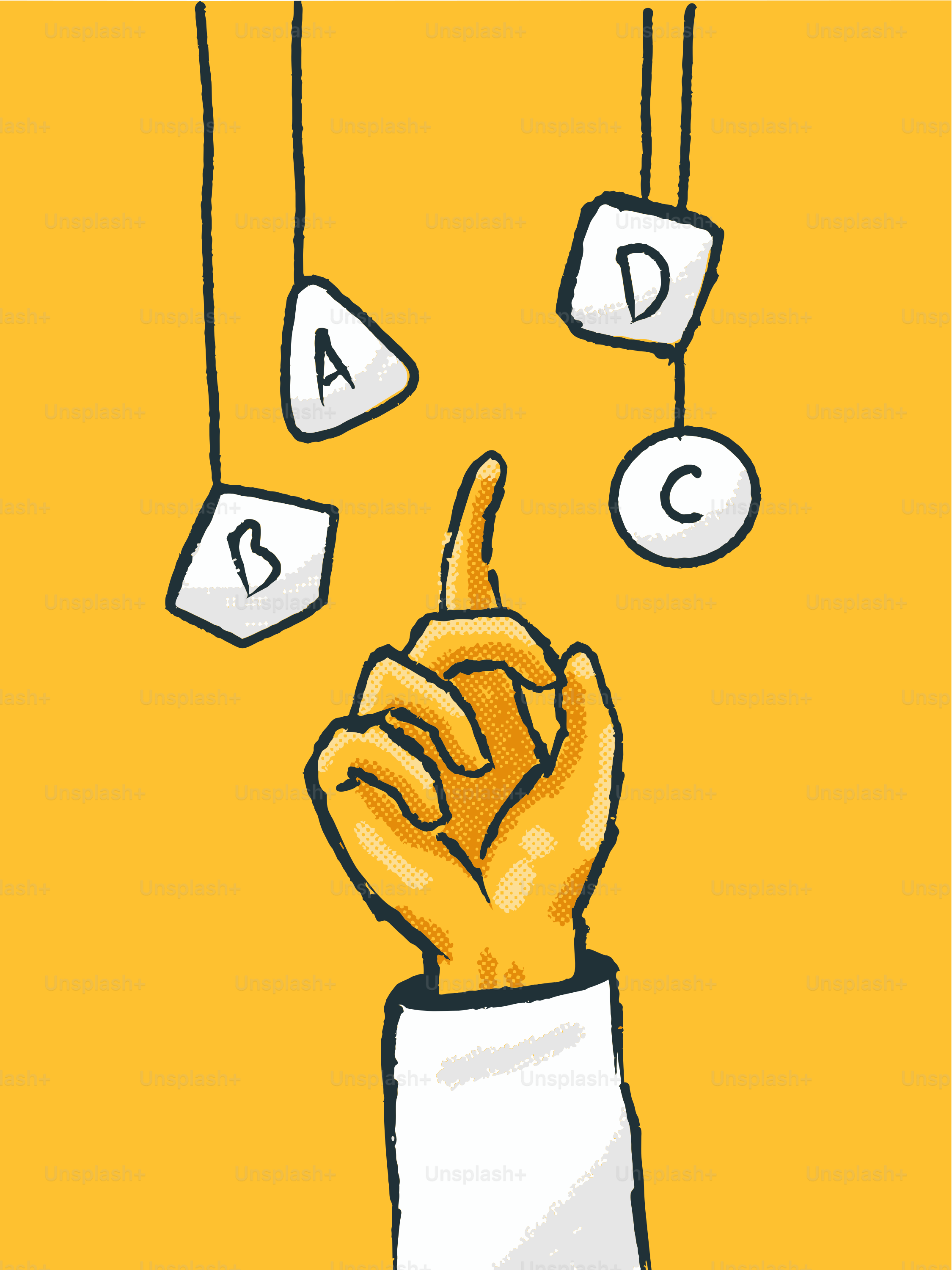 手でa、b、c、dとラベル付けされた吊り下げられた形を指さす。