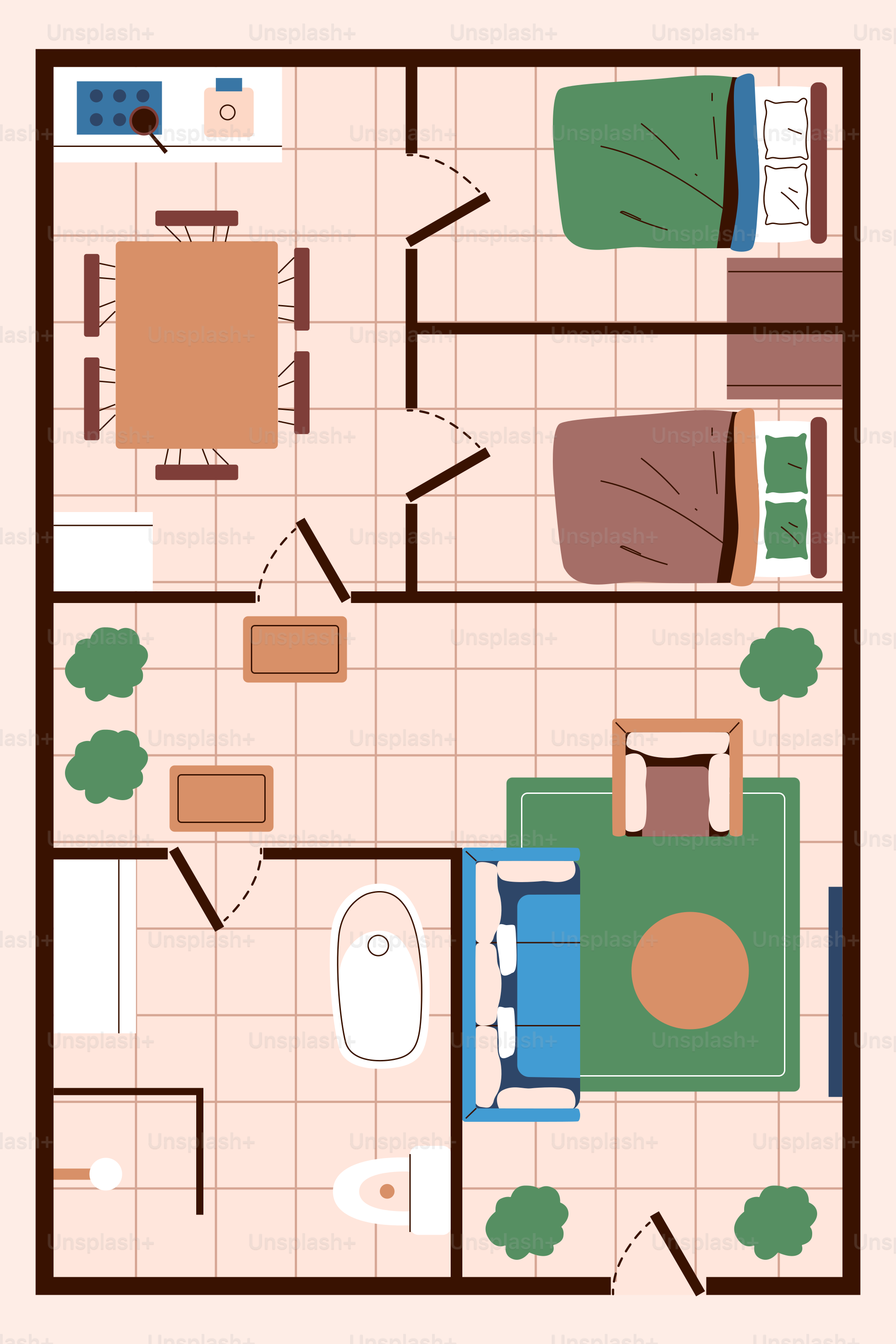 Plano de un apartamento de dos dormitorios con zona de estar.