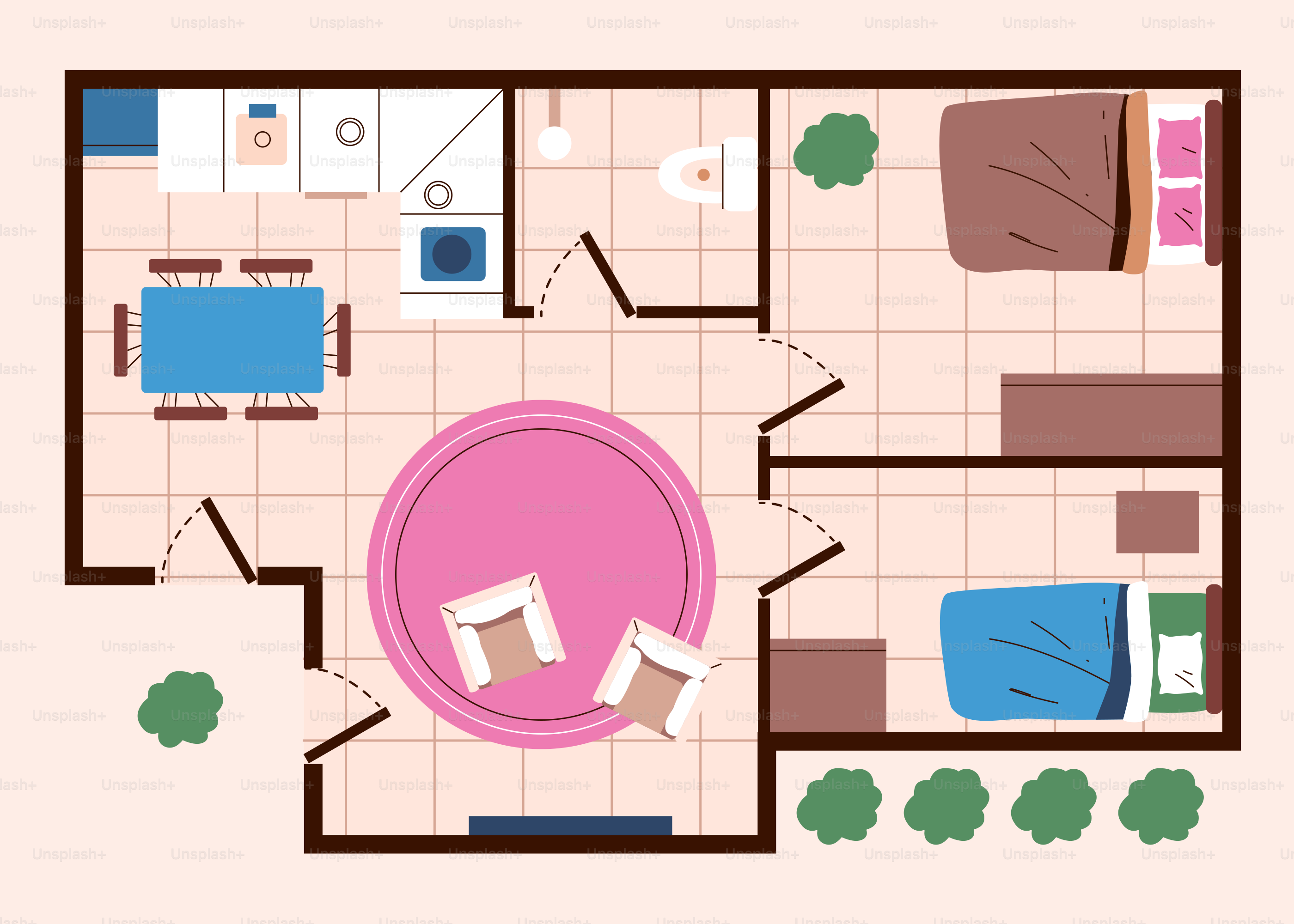 Plano de un apartamento moderno con dos dormitorios.