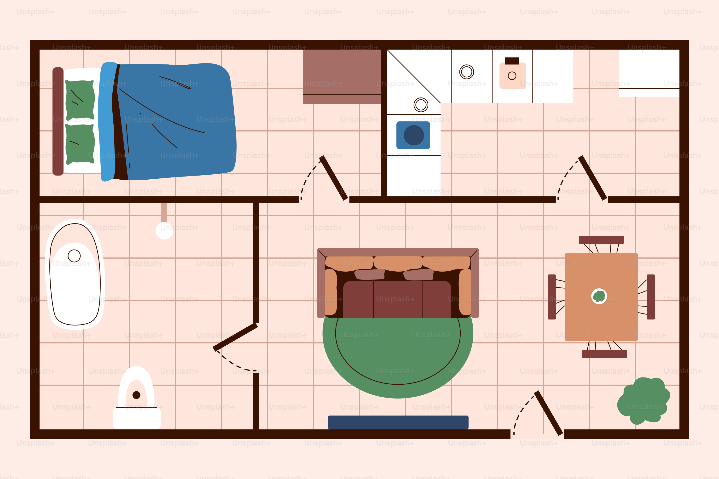 Plano de un apartamento de un dormitorio con zona de estar.