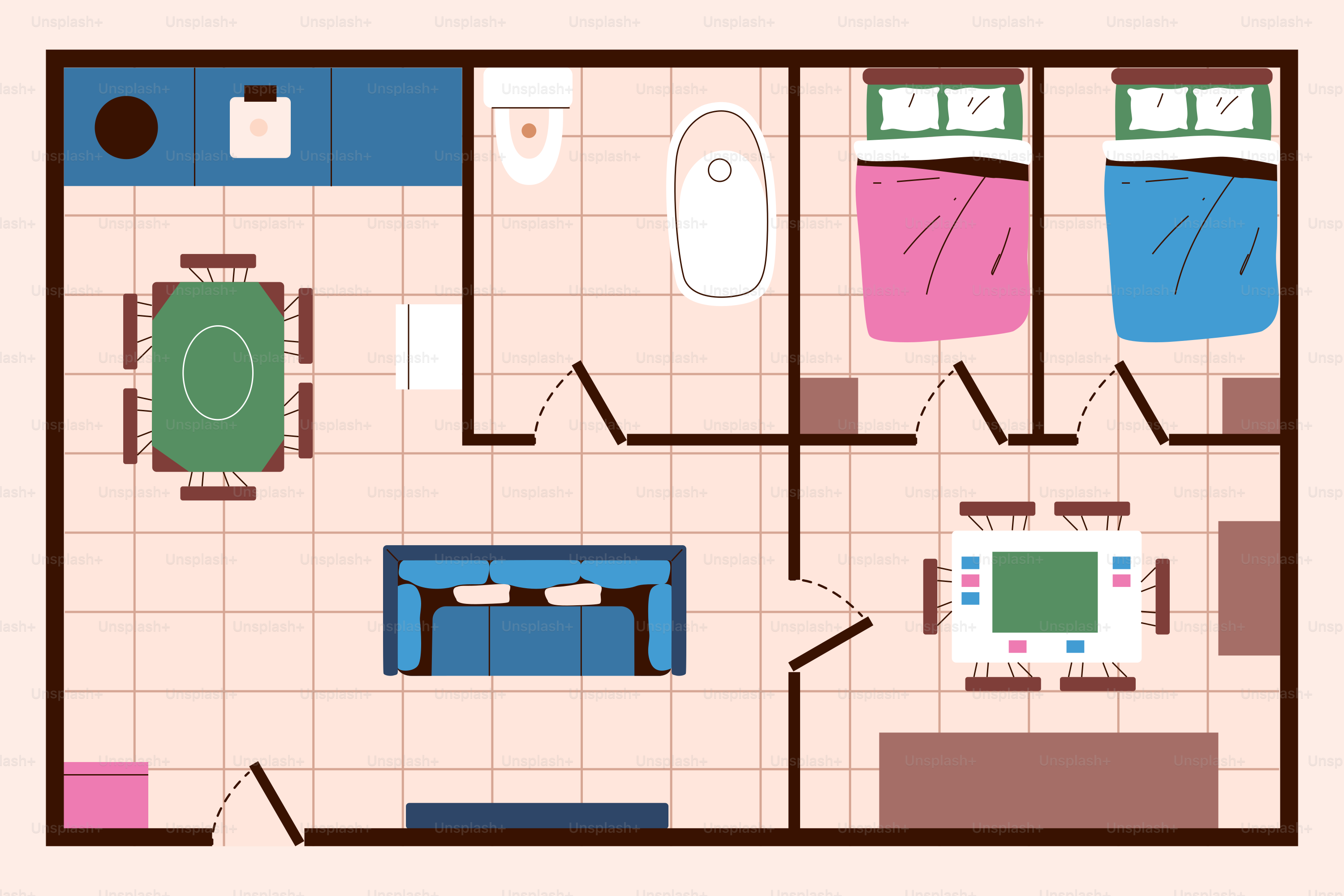 Plano de un apartamento moderno con dos dormitorios.