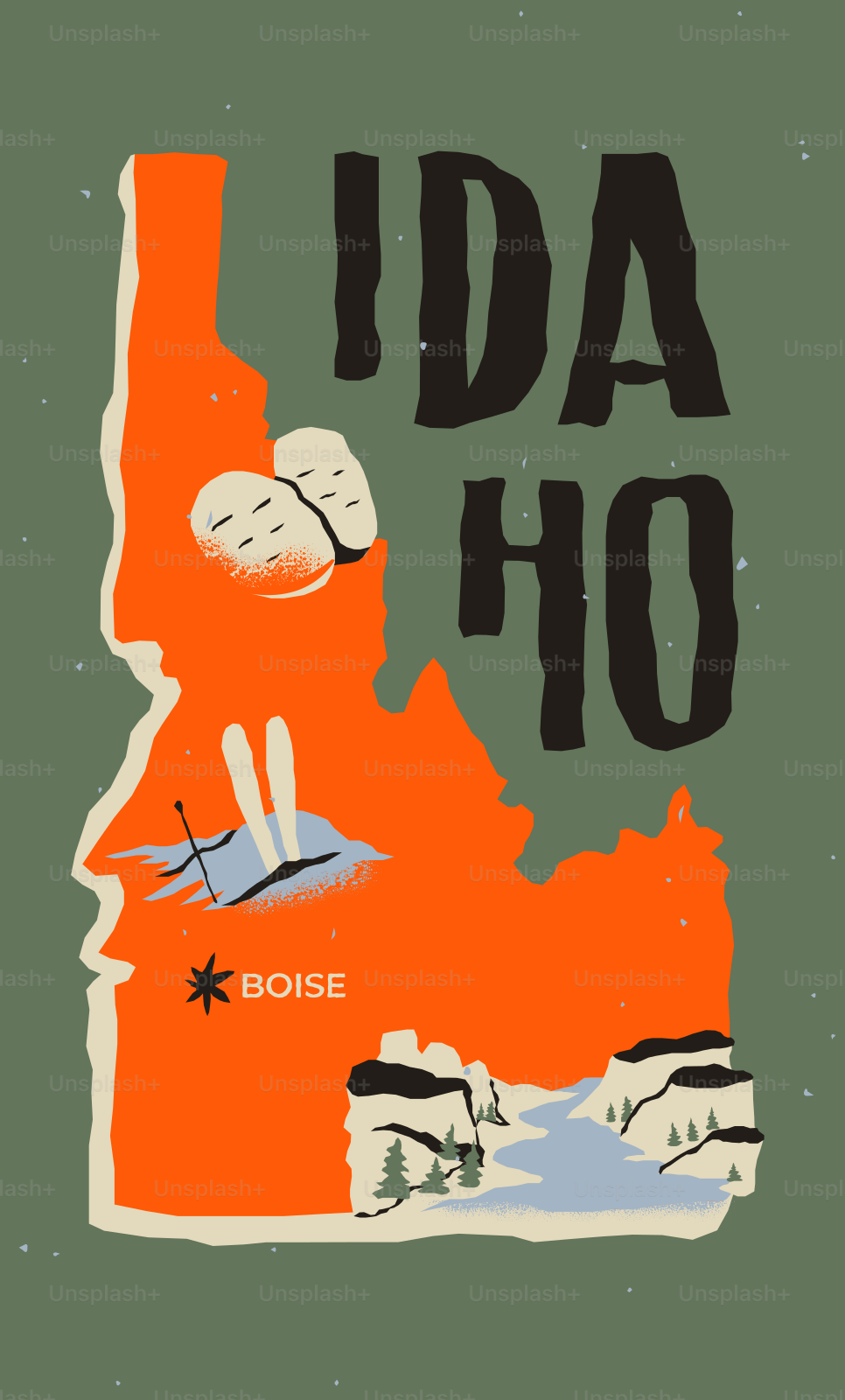 Idaho state map with boise, skiing, and mountains.