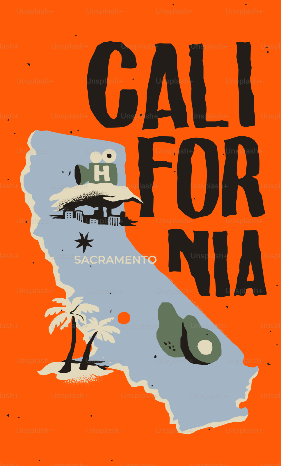 California state map with iconic landmarks and text.