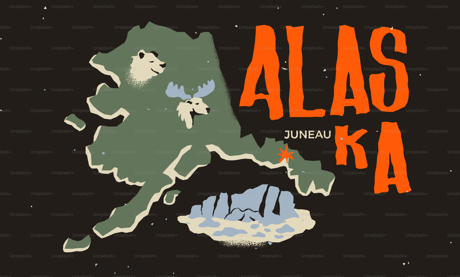 Mapa de Alaska con osos polares, alces e icebergs.