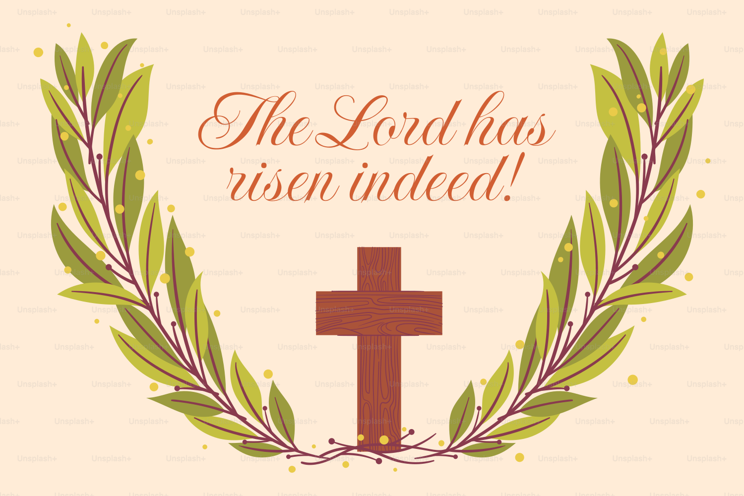 Christliches Kreuz mit Lorbeerkranz und Ostergruß.