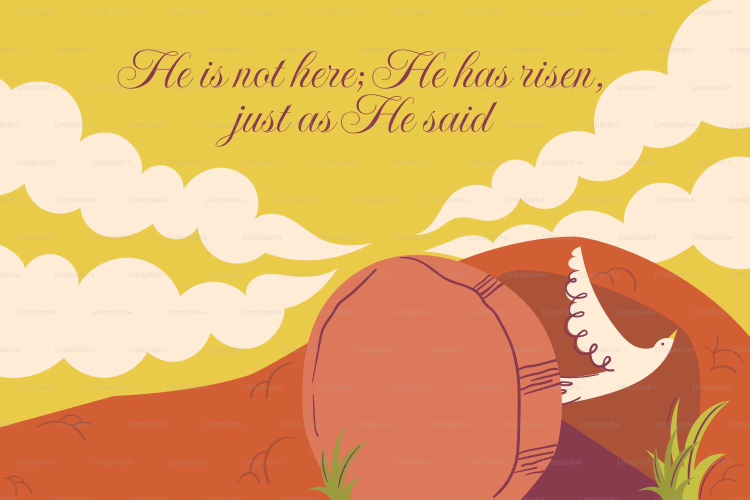 Empty tomb with dove and easter message.