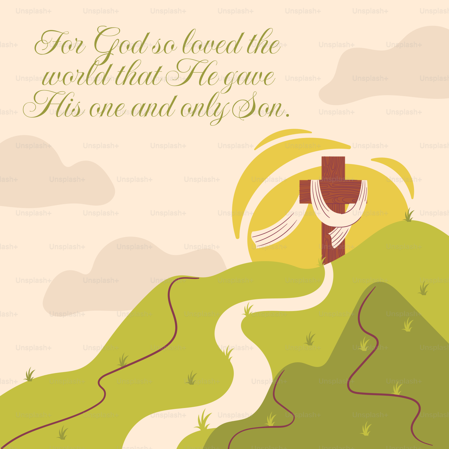 Cross on a hill with biblical text and sunrise.