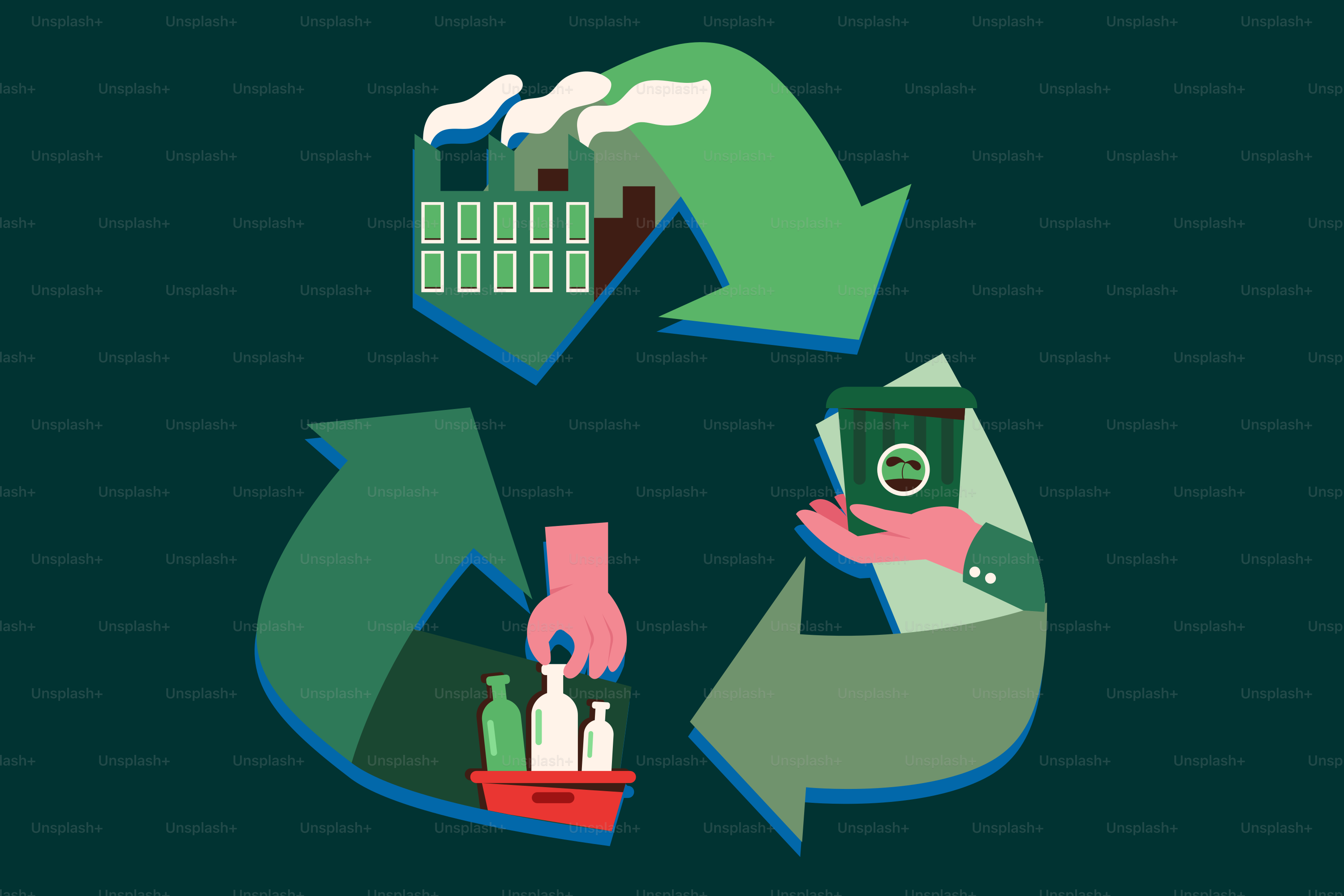 Símbolo de reciclagem com fábrica, mão e lixeira.