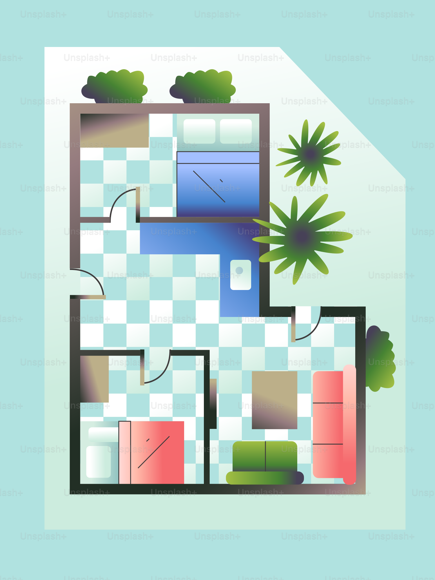Planta de um pequeno apartamento com dois quartos