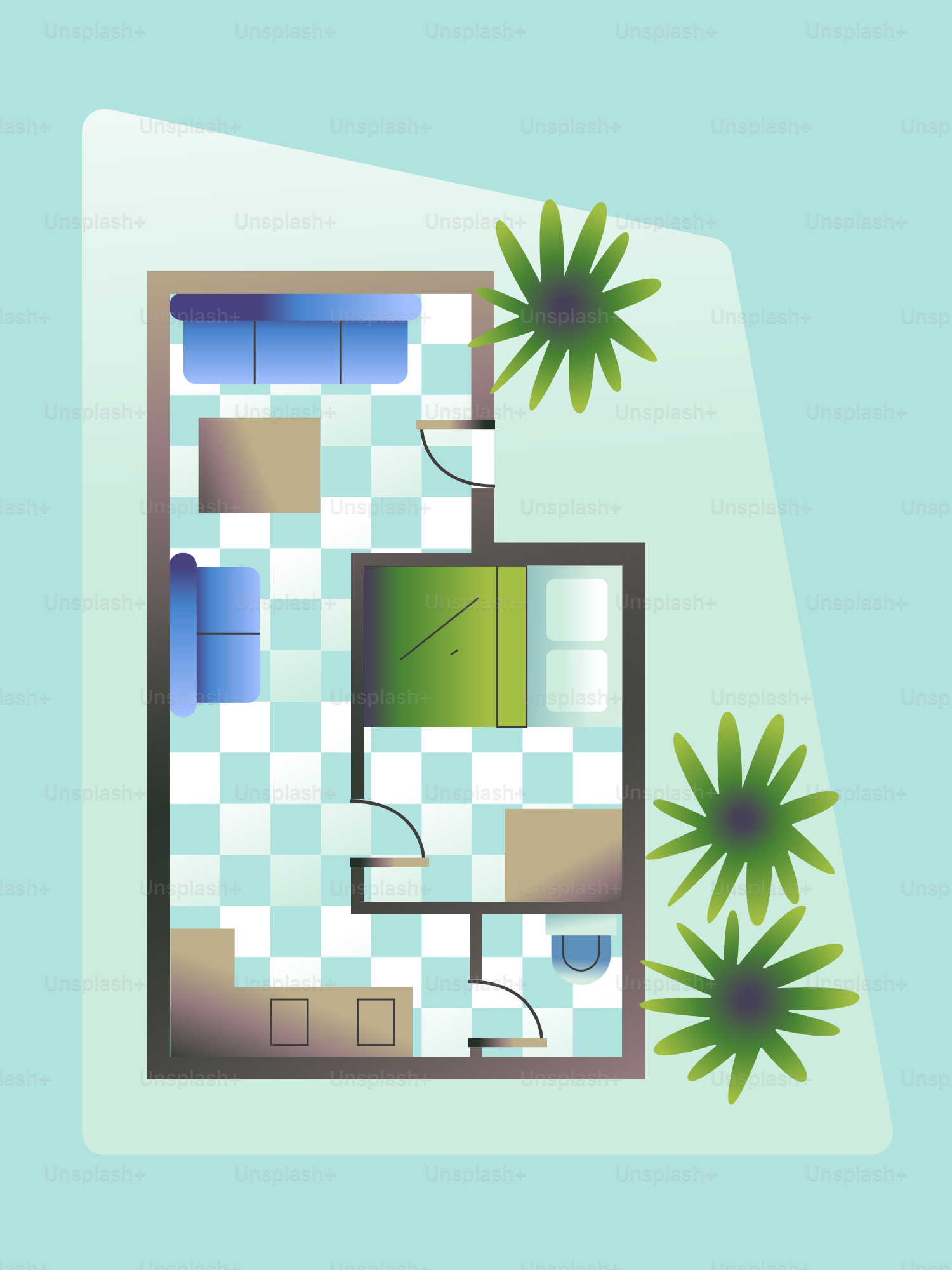 Plano de un apartamento moderno con muebles.