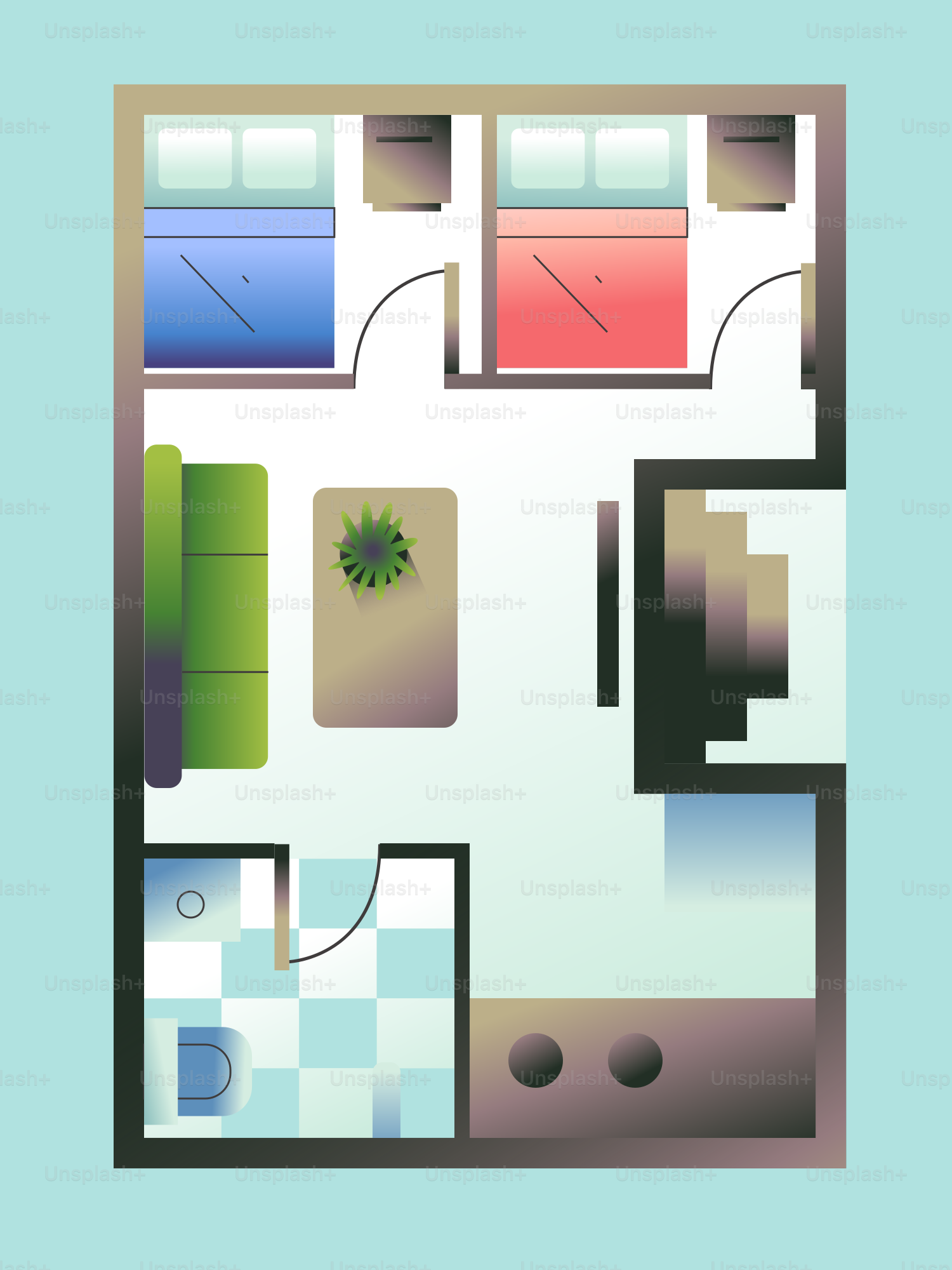 Un plan d’un petit appartement avec deux chambres