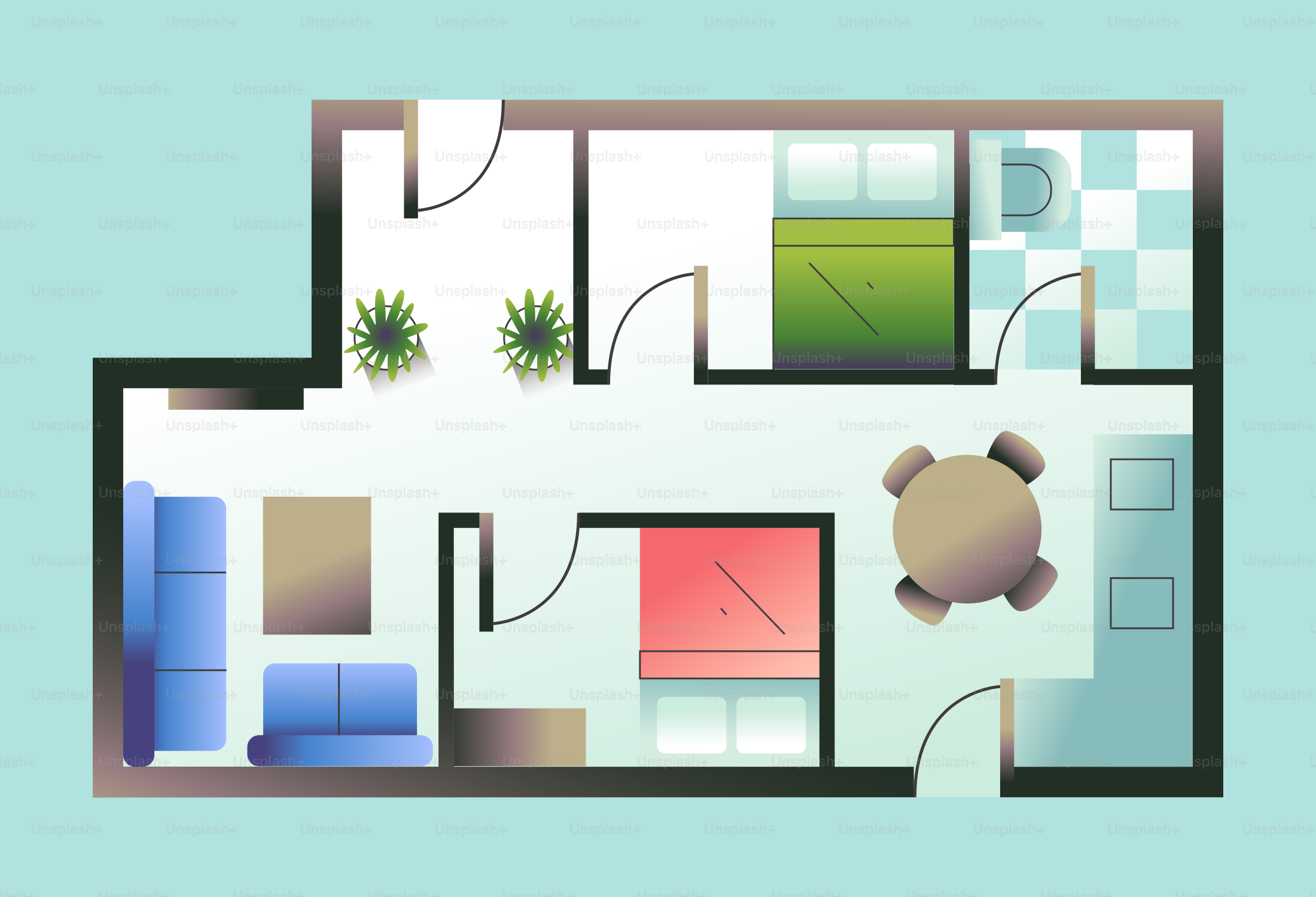 Planta de um apartamento de dois quartos com móveis.