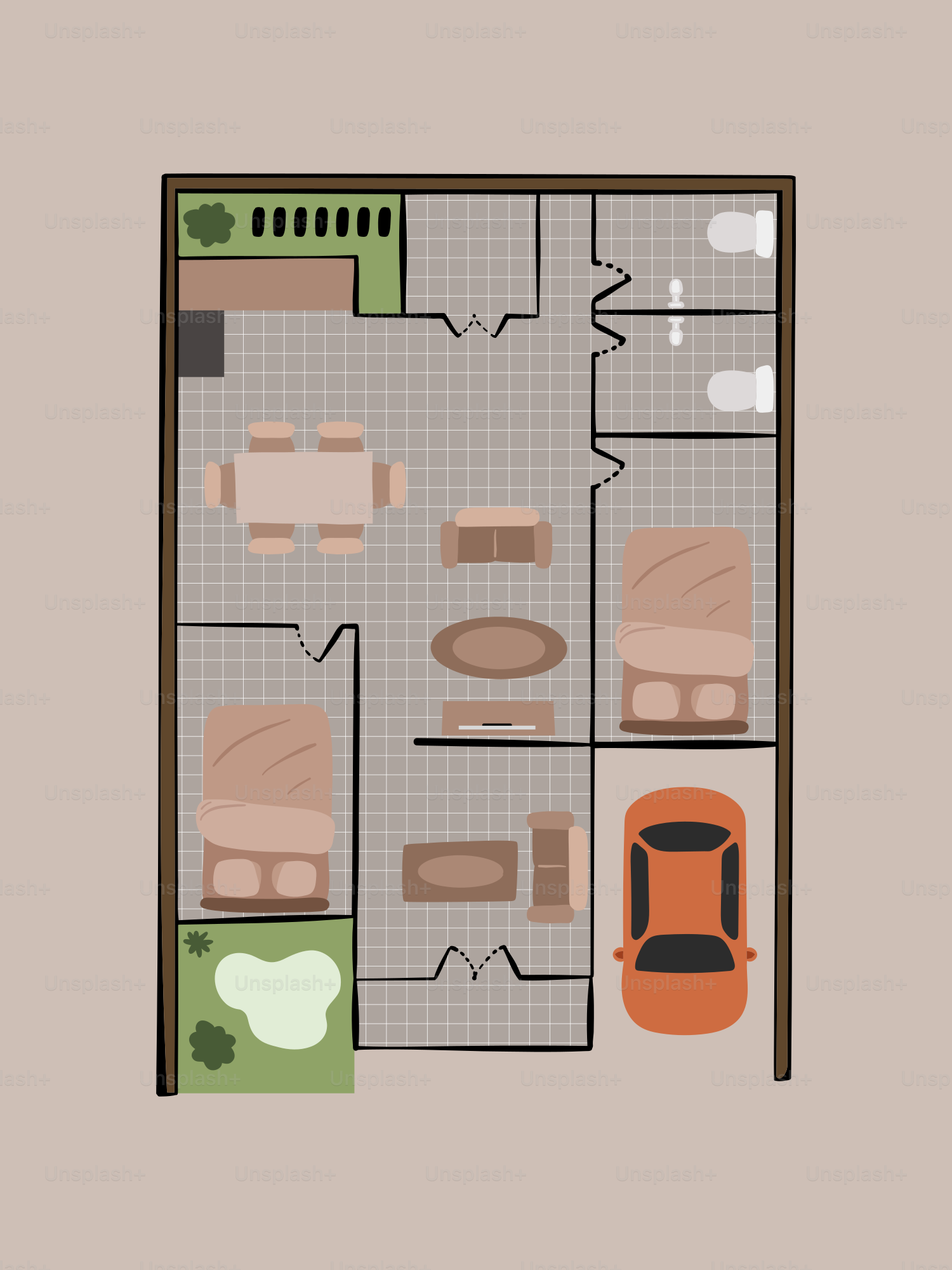 Grundriss eines kleinen Hauses mit Möbeln und Auto.