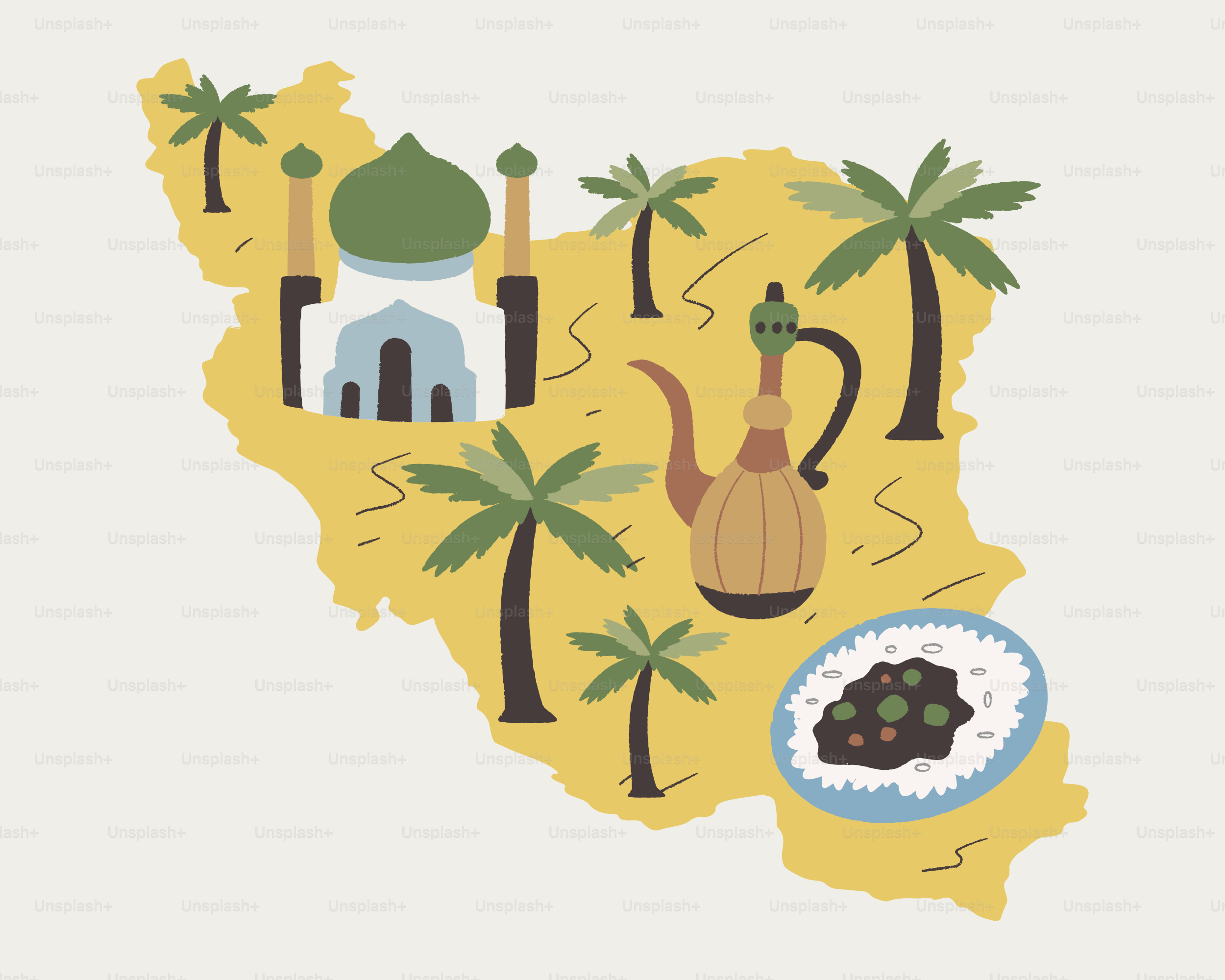 Map of iran with mosque, palm trees, and coffee