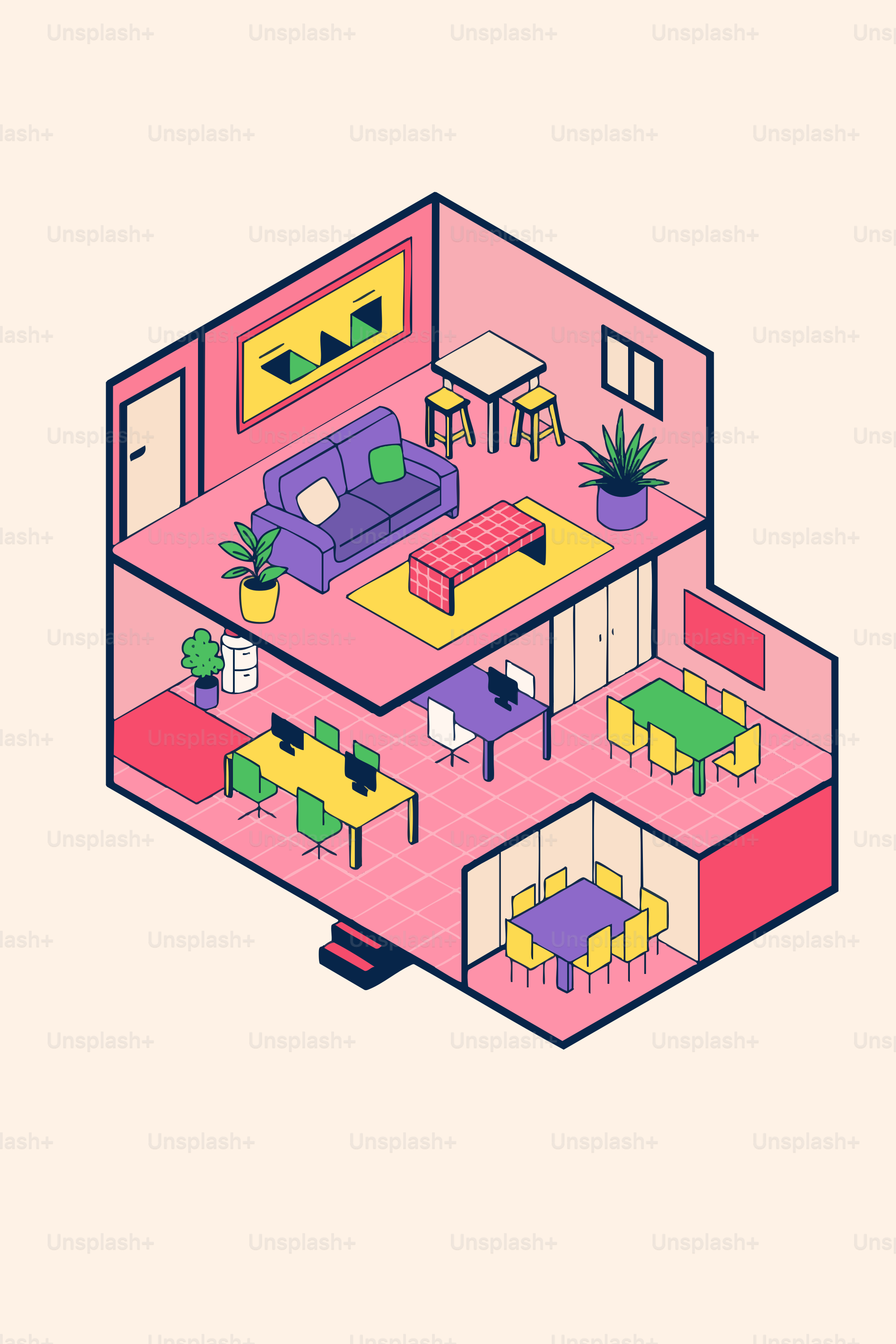 Isometric view of a modern office and living space.