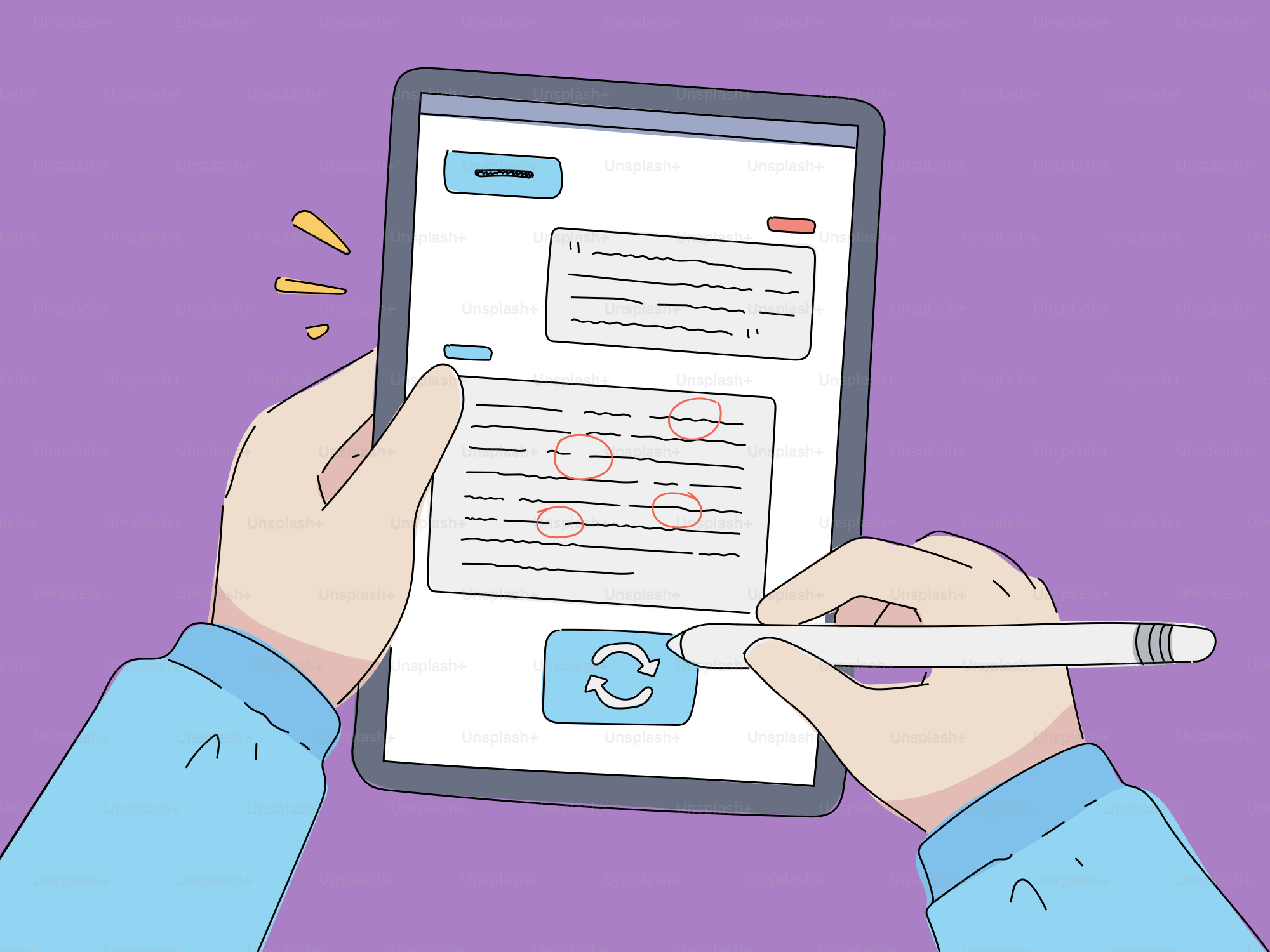 Hands editing text on a tablet with a stylus.