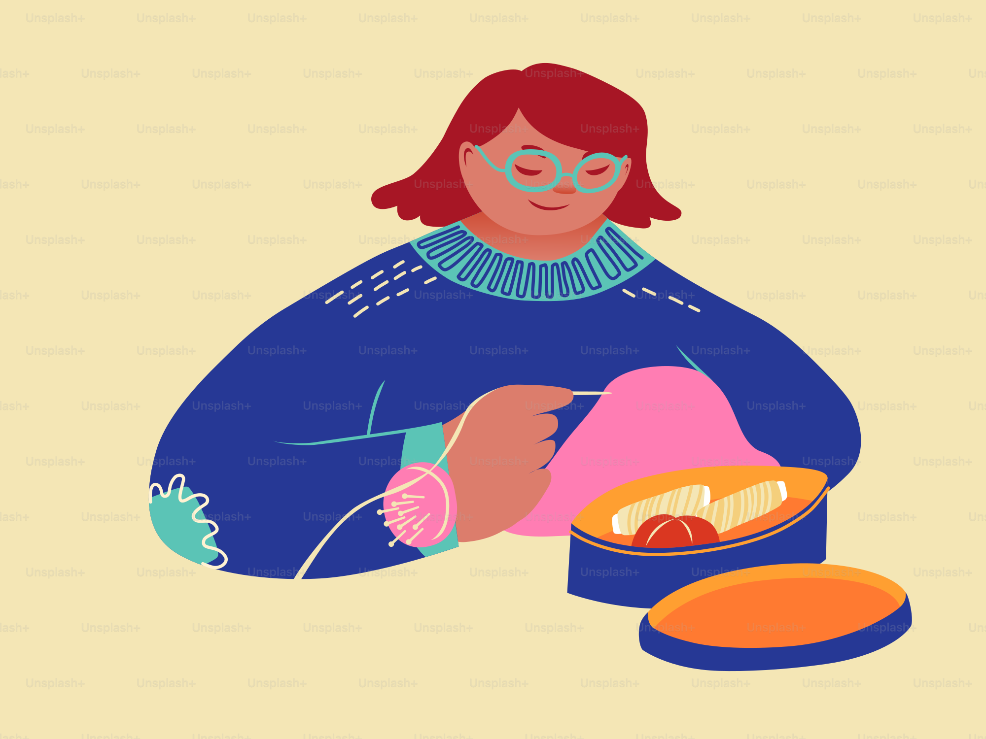 A woman with red hair knitting a pink garment.