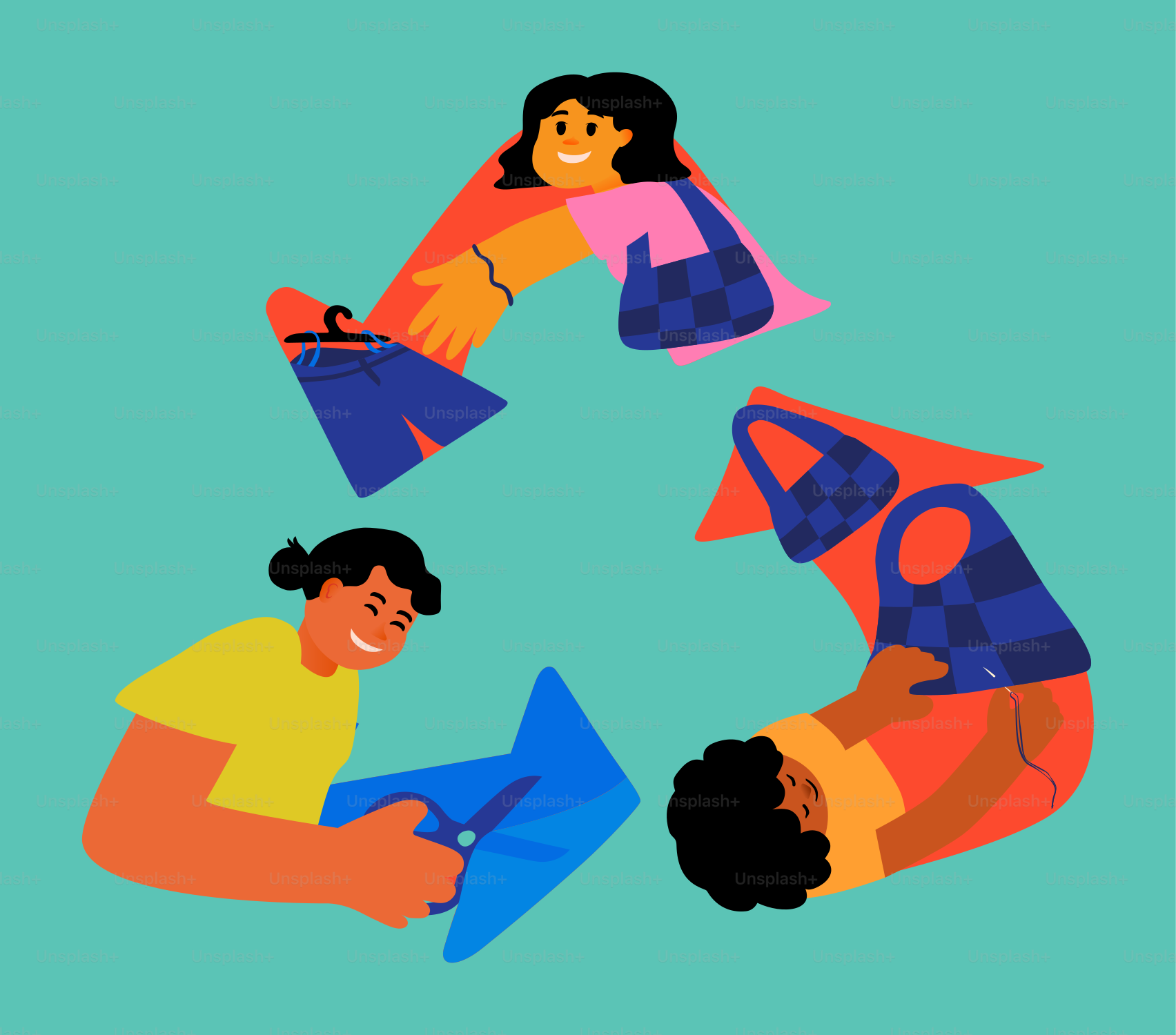 People recycling clothes and accessories in a circular motion