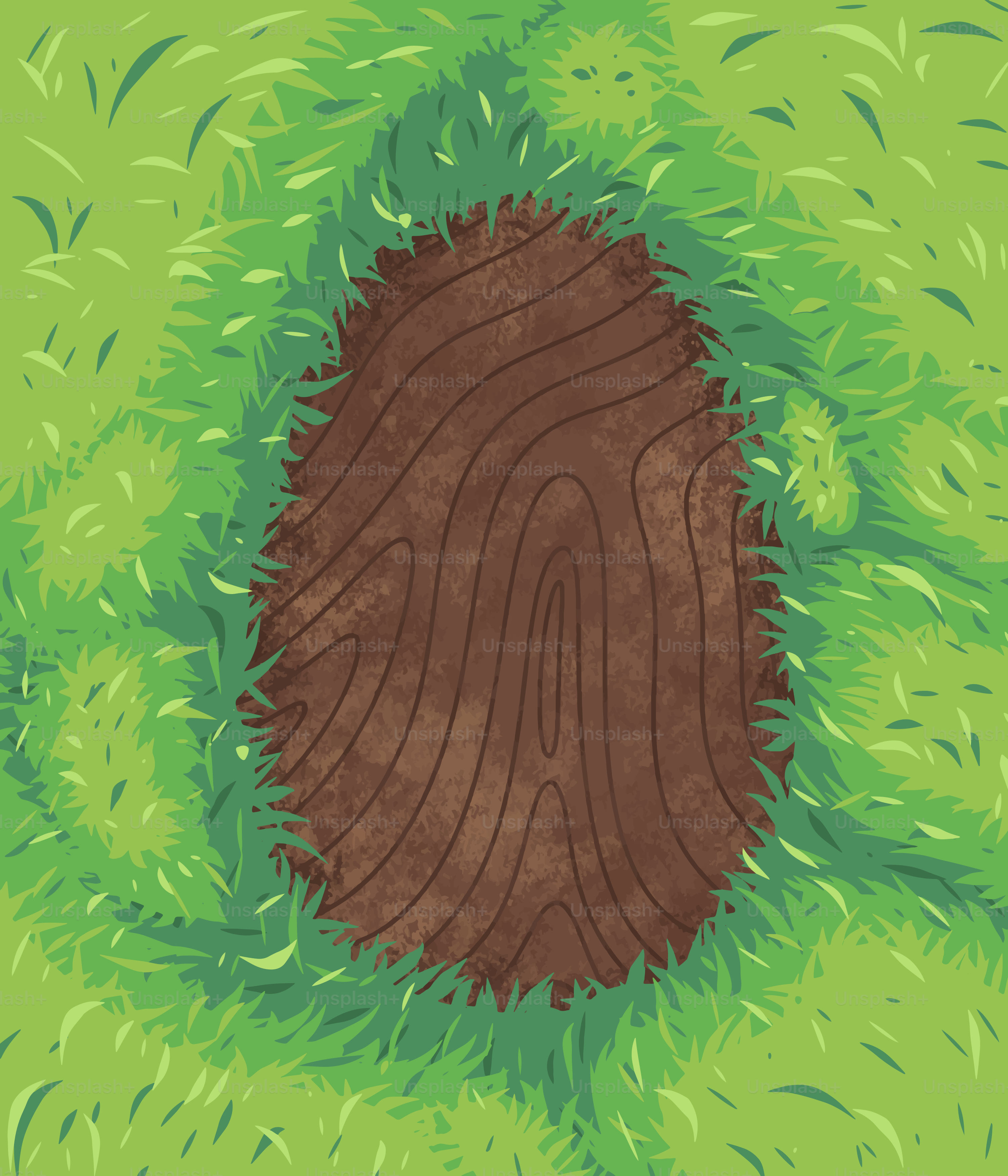 Eine Vogelperspektive einer braunen ovalen Form auf Gras.