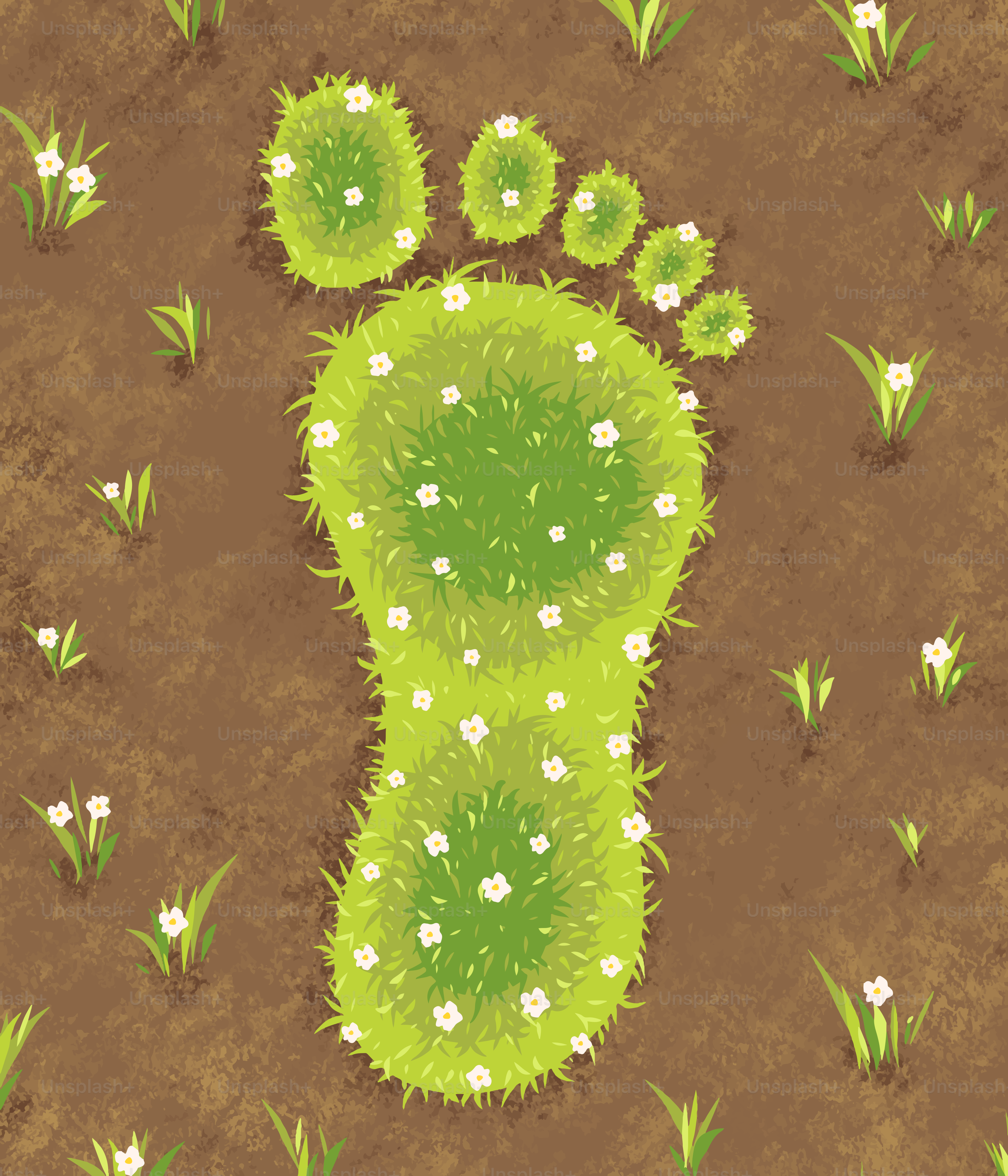 Green footprint made of grass and flowers in soil