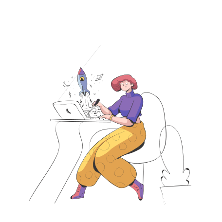 Woman at desk with laptop launches rocket