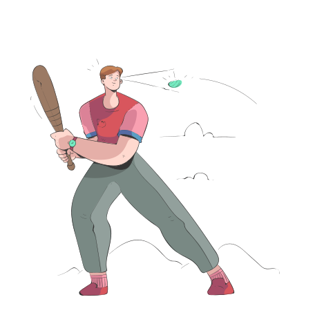 남자가 야구 방망이를 초록색 공에 휘두르는 모습